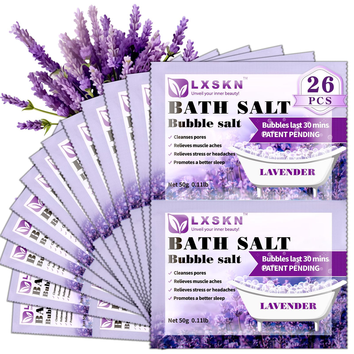 LXSKN Bubble Bath Salt - 26 PCS Bath Soak, Individually Packaged Bathing Alternative to Epsom Salts, 100% Natural & Pure Bath Salts for Women and Men,