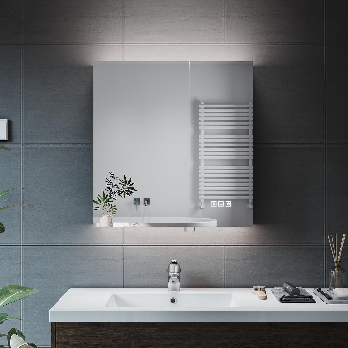 ELEGANT LED Mirror Cabinet with Bluetooth Bathroom Cabinet with Shaver Socket Black Double Door Wall Cabinets with Three-color Infinitely Dimmable