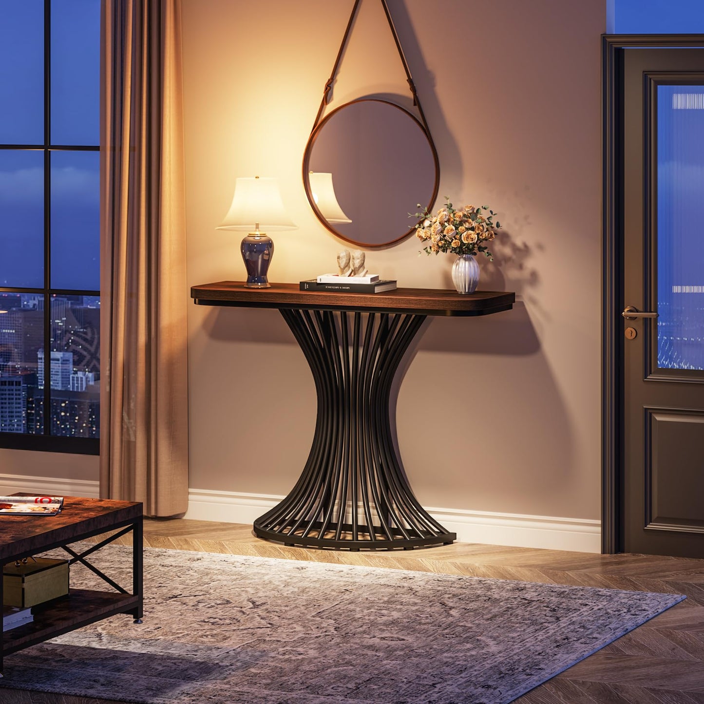 LITTLE TREE 39-Inch Small Industrial Console Table Entryway Table with Geometric Metal Base Entrance, Living Room, Hallway