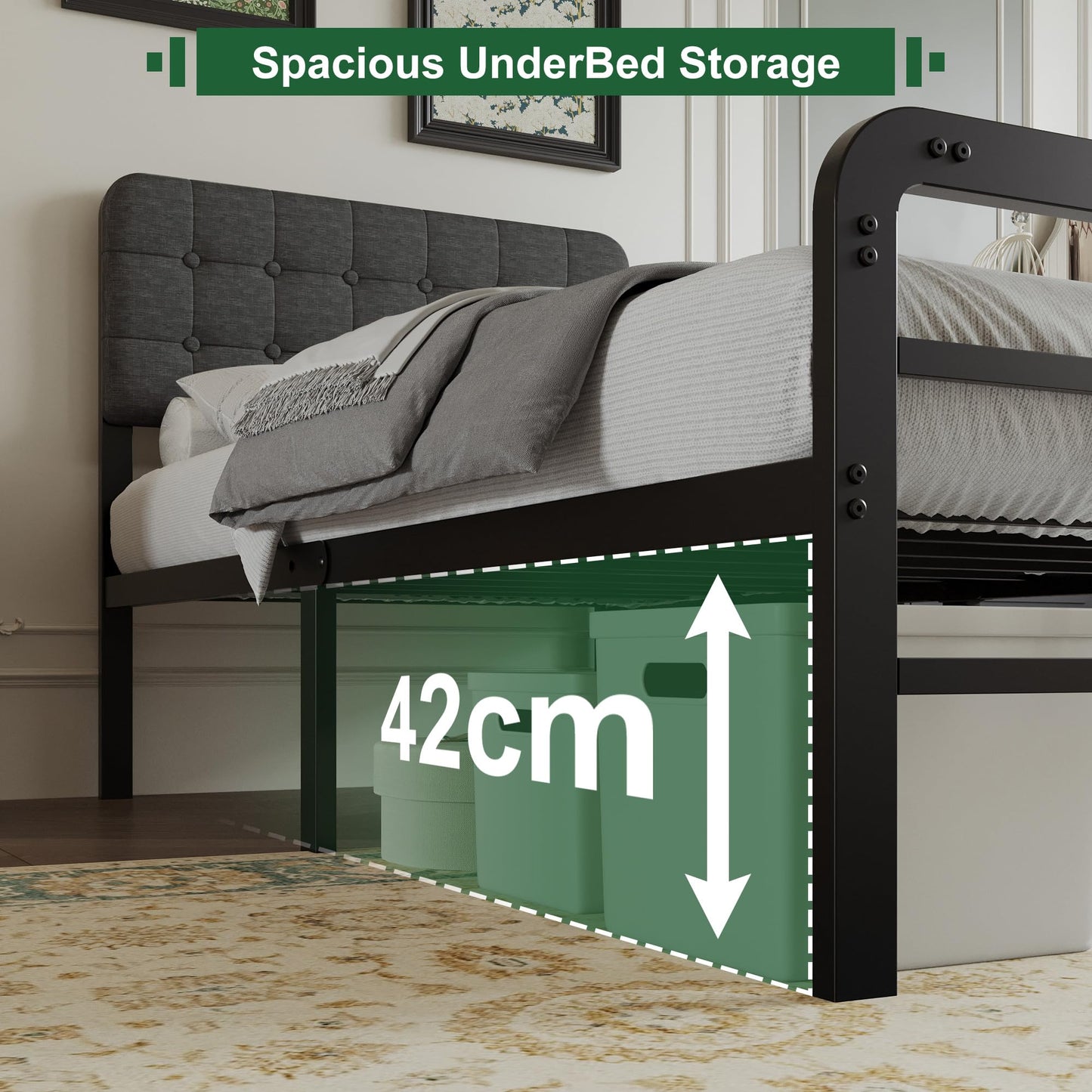 EMODA Small Single Bed Frame with Upholstered Headboard and Footboard