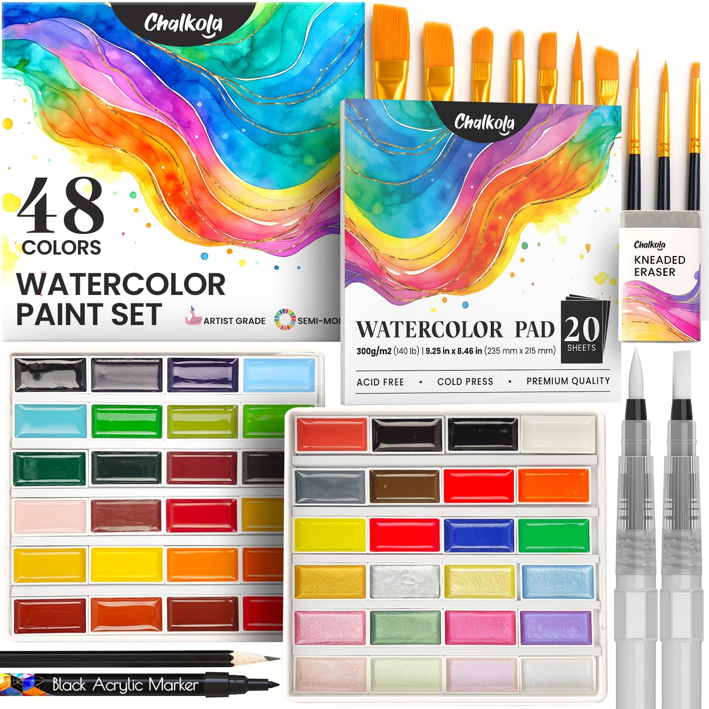 Chalkola Professional Watercolor Paint Set - 48 Semi Moist Water Colors Paint Adult Set, XL Pans | With Painting Brushes, Water Color Pad & Art