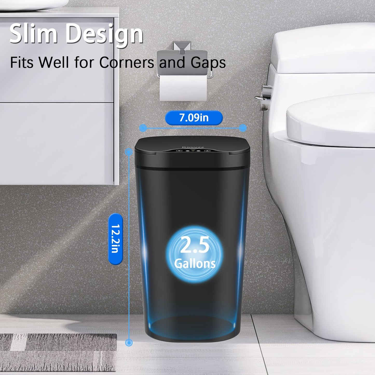 Kssvzz 2 Pack Sensor Bins with Lid, 2.5 Gallon/10 L Bathroom Electric Bin, Slim Smart Trash Can, Narrow Waterproof Automatic Bin for Bedroom, Living