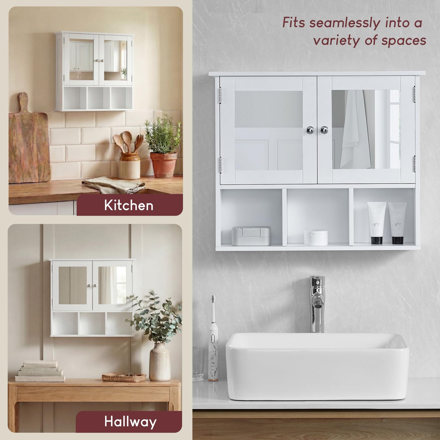 Bath Vida Priano Double Door Mirrored Bathroom Cabinet Storage Shelves Wall Mounted, White