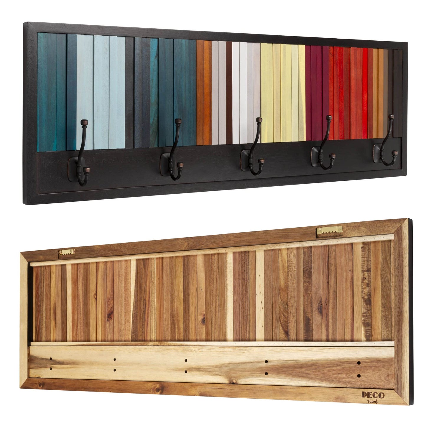 Deco Fluent - Coat Hooks Wall Mounted - Solid Handmade Natural Acacia Wood, Coat Rack with 5 Hooks, Solid Wood Coat Rack for Entrance Hall. 100x35cm