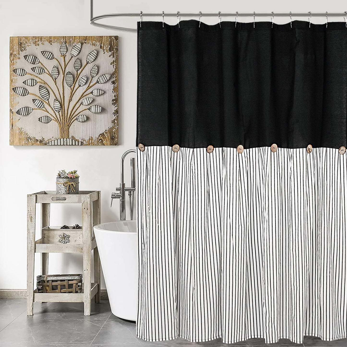 DOSLY ID?ES Farmhouse Shower Curtain with Black, Linen Cotton, Decorative Buttons, Black Stripes, Pleated, 71 x 71 inches (180 x 180 cm)
