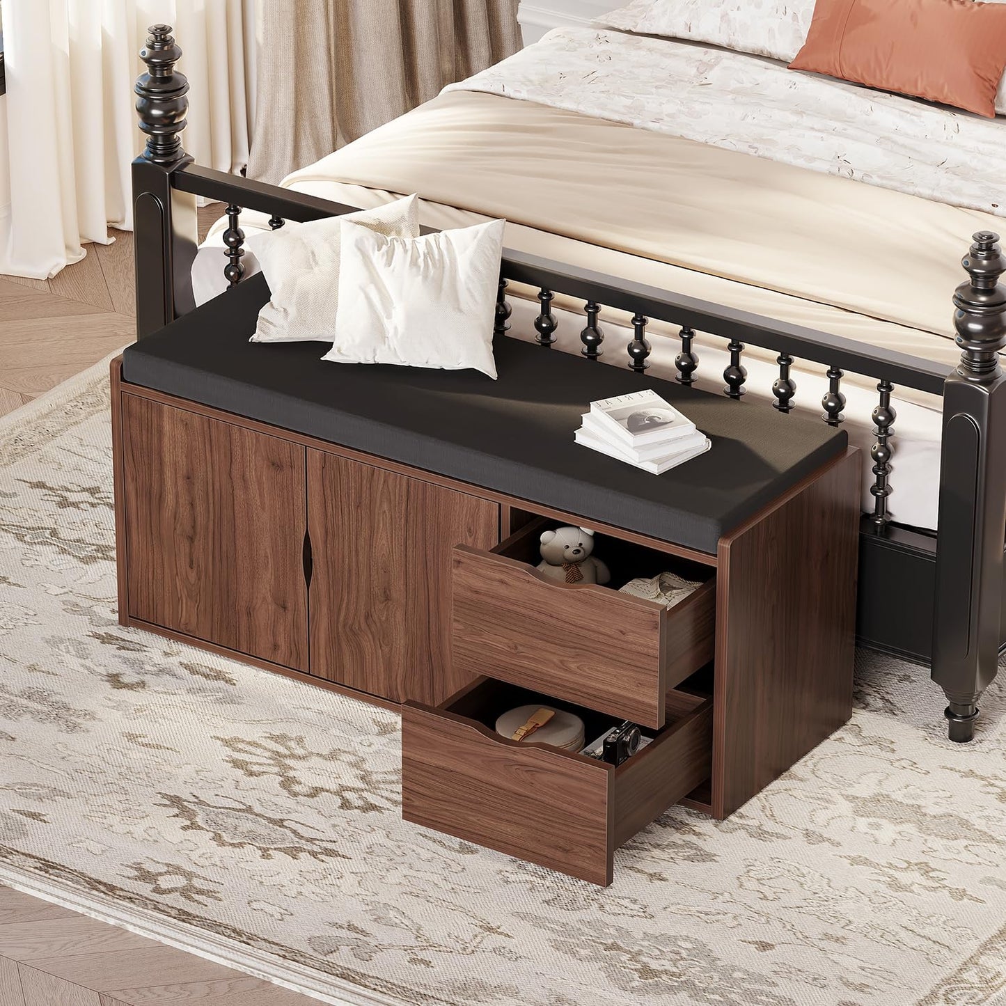 LVB Entryway Storage Bench with Padded Seat Cushion, Wood Hidden Shoe Organizer Bench with 2 Drawers Cabinet