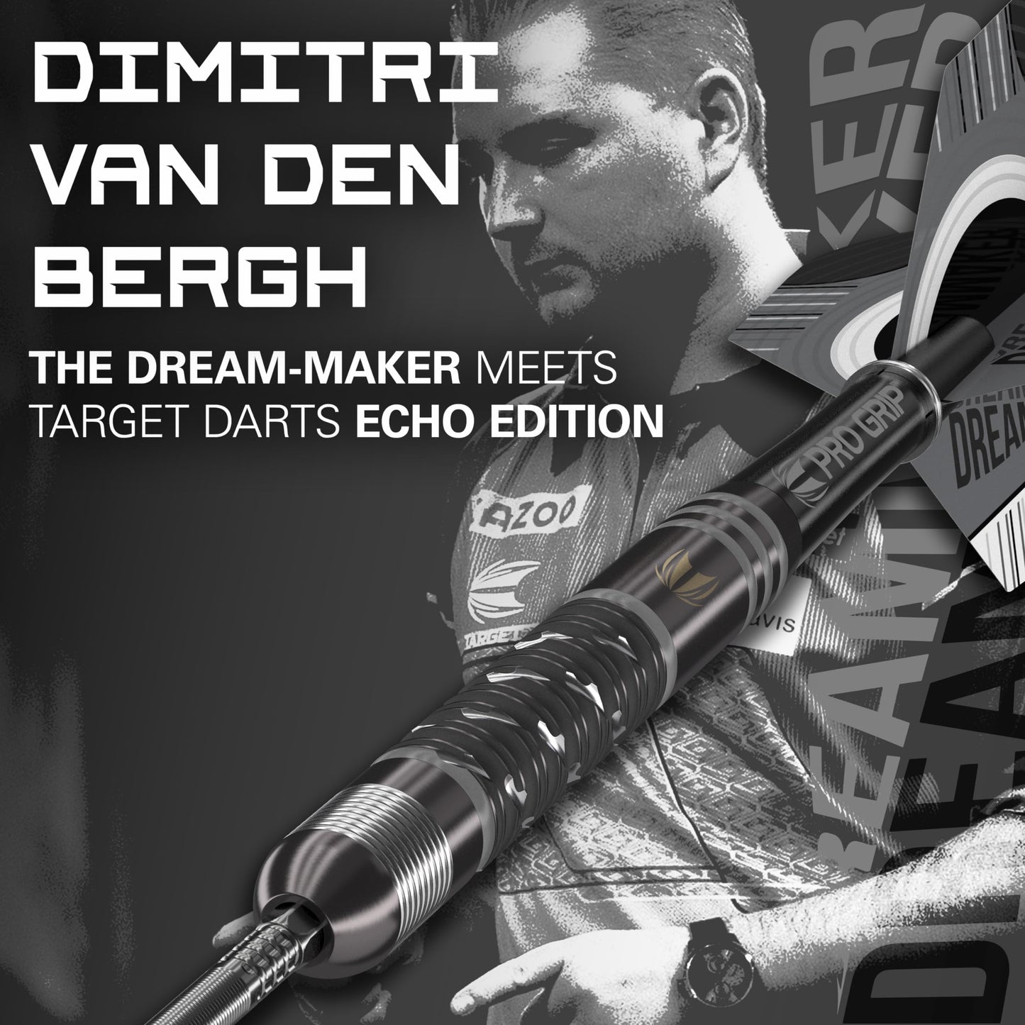 TARGET Darts Dimitri Van Den Bergh x ECHO 90% Tungsten Steel Tip Darts Set ? 22g Steel Tip Dart Set, Swiss Point Darts, SP Tool Included, Player