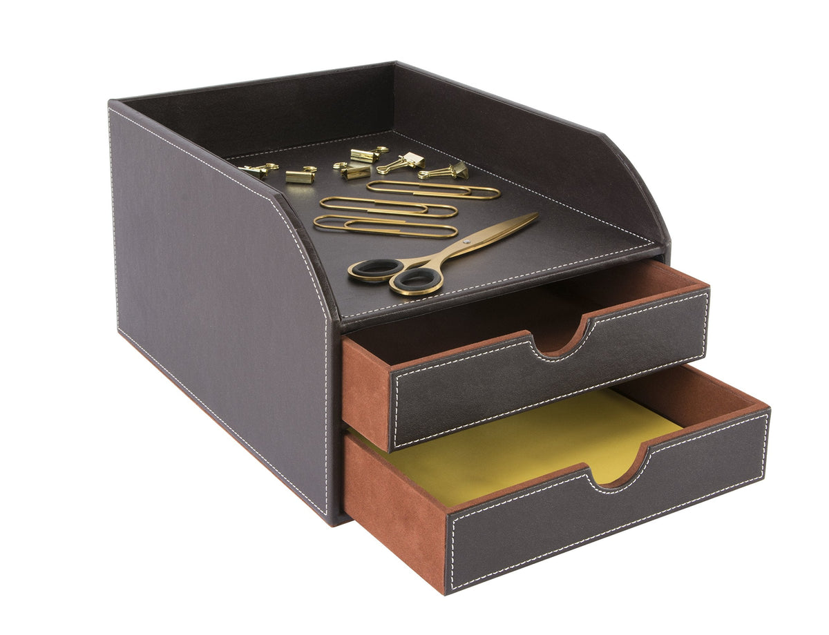 OSCO Brown Faux Leather 2 Tier Sorter with Letter Tray | A4 | Drawers | Desk Tidy | Document Storage | Paperwork Organiser | File Holder | 35 x 25 x