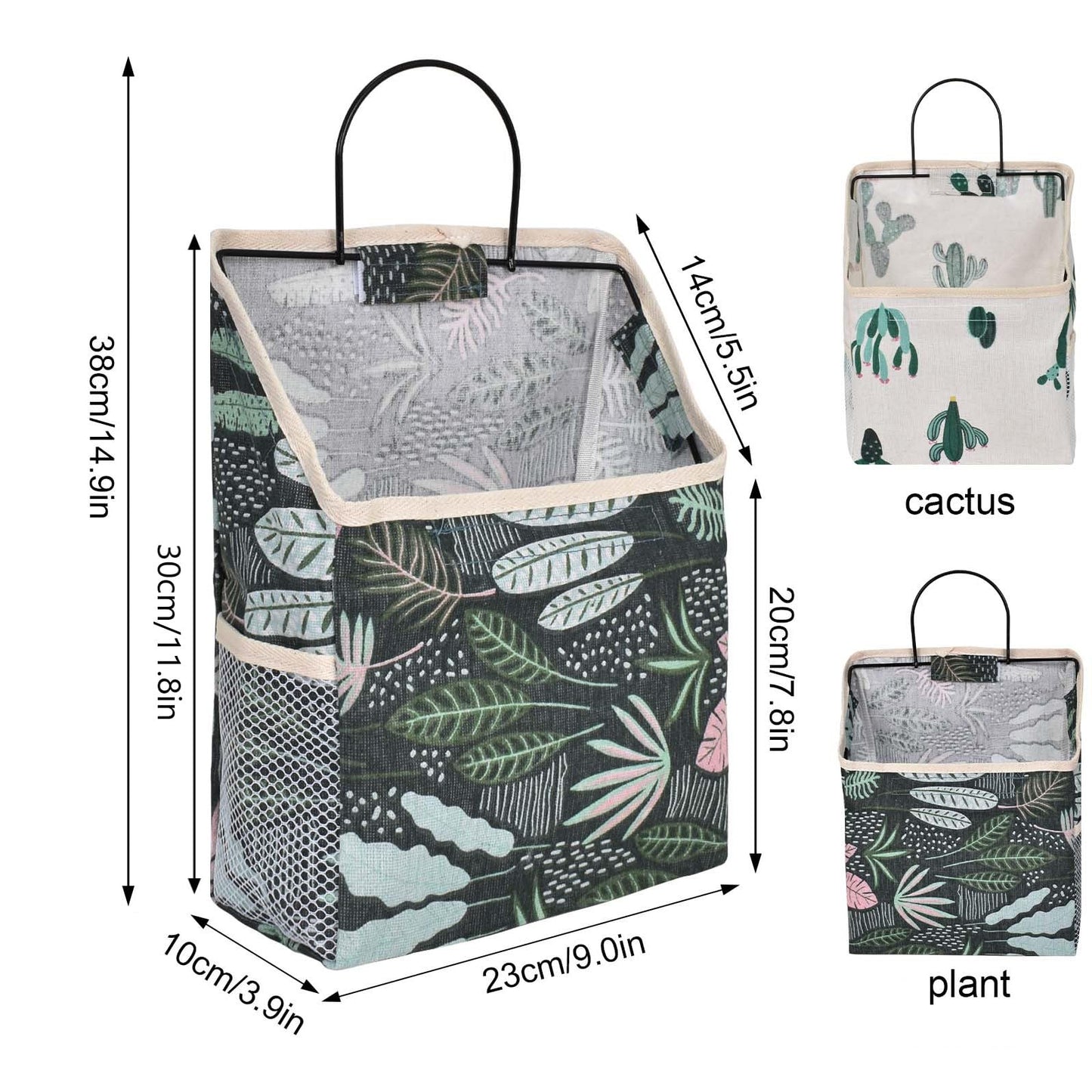 Nramwell 2 PCS Wall Hanging Organiser Bag, Linen Hanging Storage Bag with Hook, Cactus Pattern and Plants Pattern Fabric Baskets for Storage with