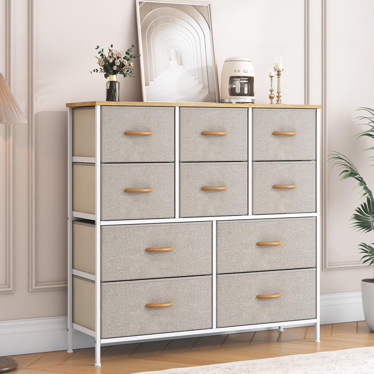 GoaHi Chest of Drawers, Large Dressers with Metal Frame and MDF Wooden Top Board, Adjustable Feet, Anti-Tip Safety