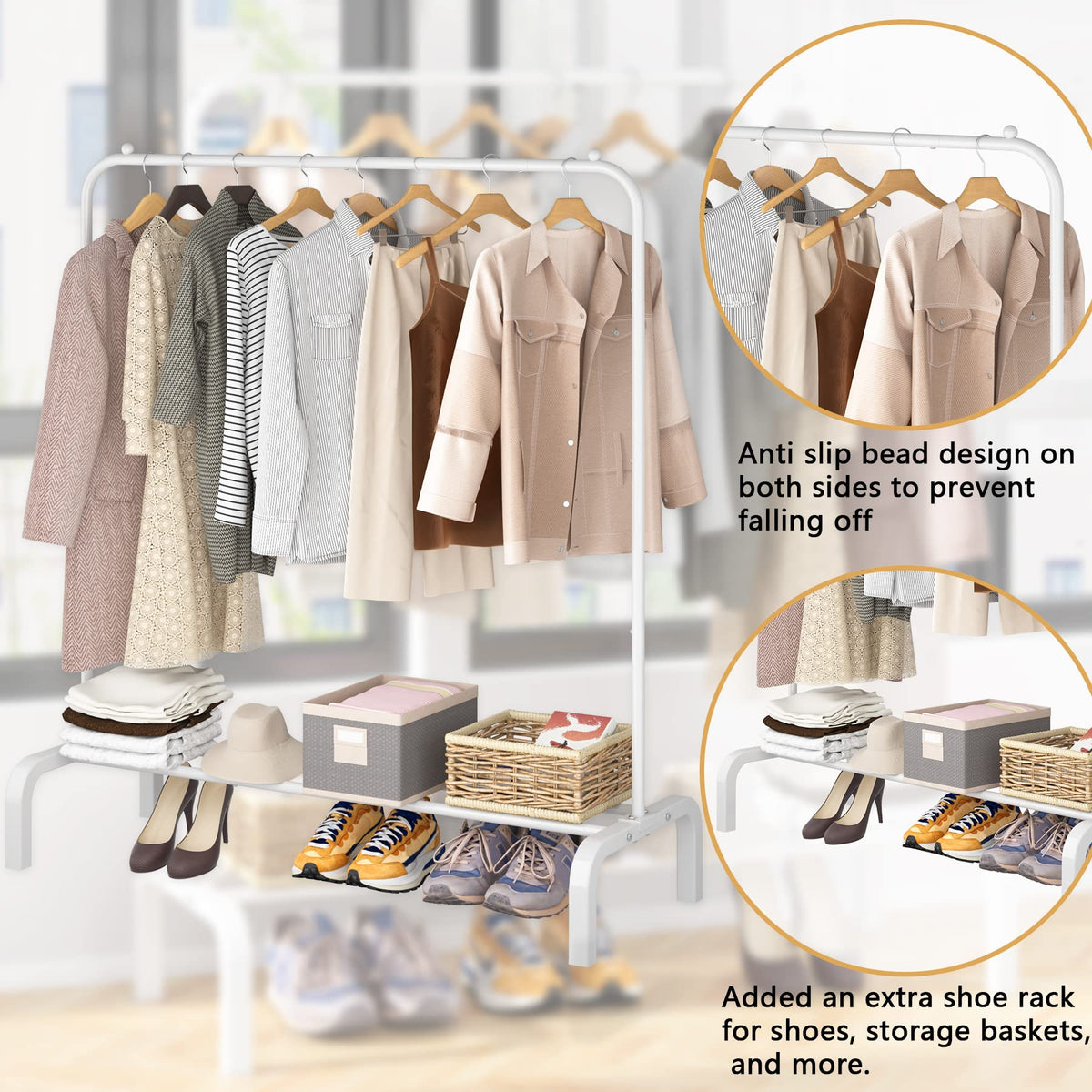 OTROUWORHT BYUAIRY Clothes Rack Metal Clothing Rack with Bottom Shelf Garment Rack for Hanging Clothes Shirts Jeans and Coats White