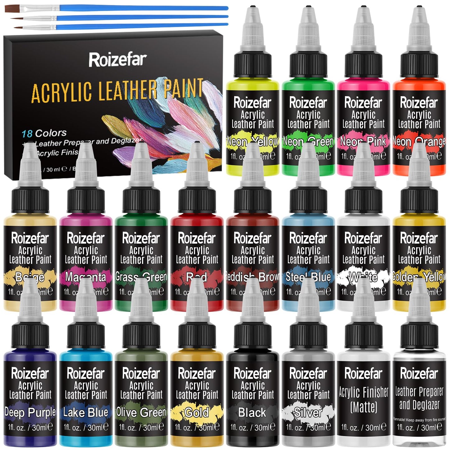 Roizefar Acrylic Leather Paint, Ultimate All-in-One 20 x 30ml Kit with Deglazer & Finisher, 18 Colors Flexible & Waterproof Leather Dye for Shoes,