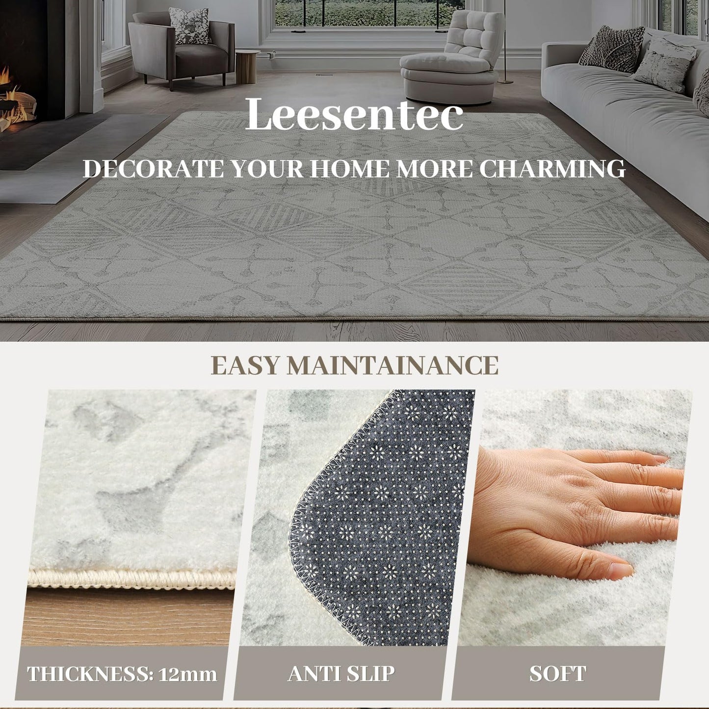 Leesentec Rugs Living Room Large 160x200cm Cream Grey White Rug for Bedroom Abstract Modern Geometrical Short Pile Rugs Easy Care Soft Non-slip Carpet