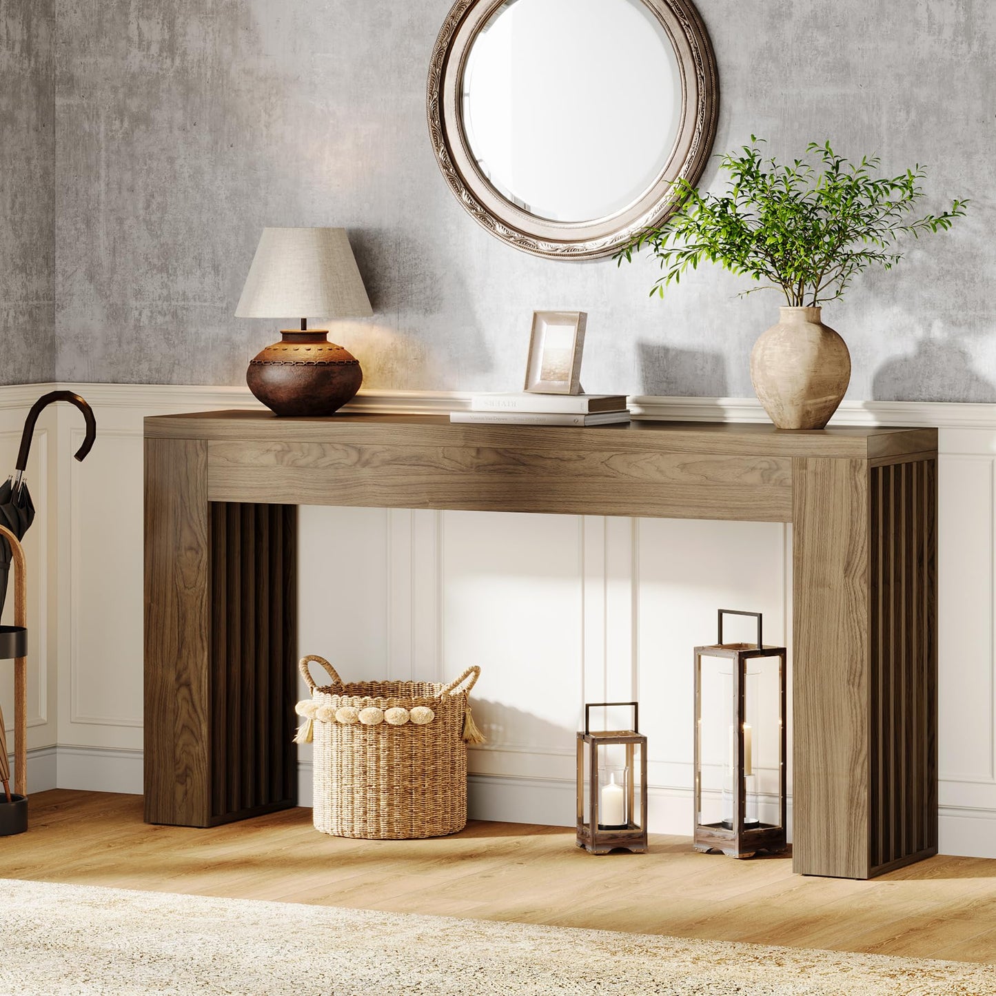 Tribesigns 150cm Long Wooden Console Table Behind Sofa with Vertical Slat Legs for Entryway, Hallway, Entryway, Living Room (Rustic Brown)