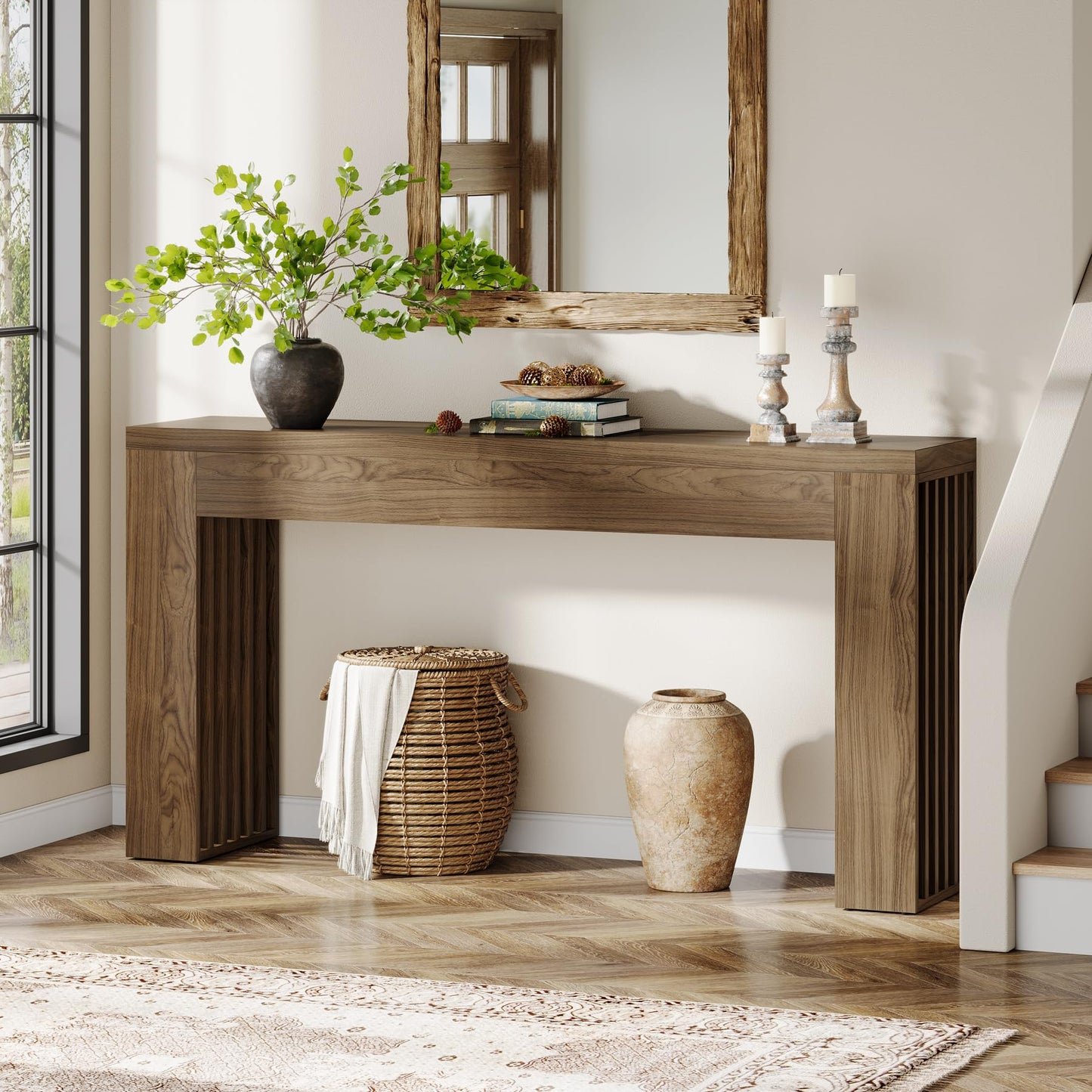 Tribesigns 150cm Long Wooden Console Table Behind Sofa with Vertical Slat Legs for Entryway, Hallway, Entryway, Living Room (Rustic Brown)