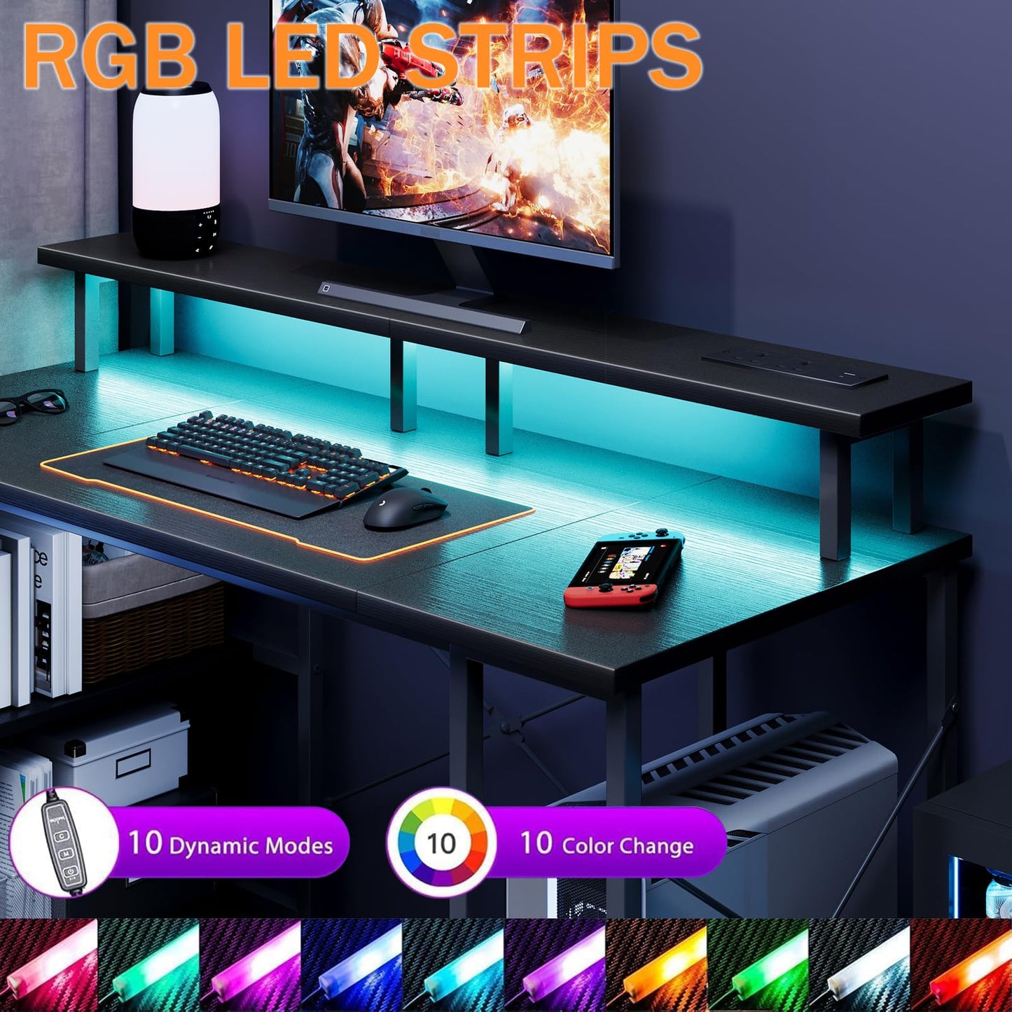 MUTUN Gaming Desk with LED Lights & Power Outlets, 120×50cm Computer Desk with Storage Shelves & Dual Monitor Stand