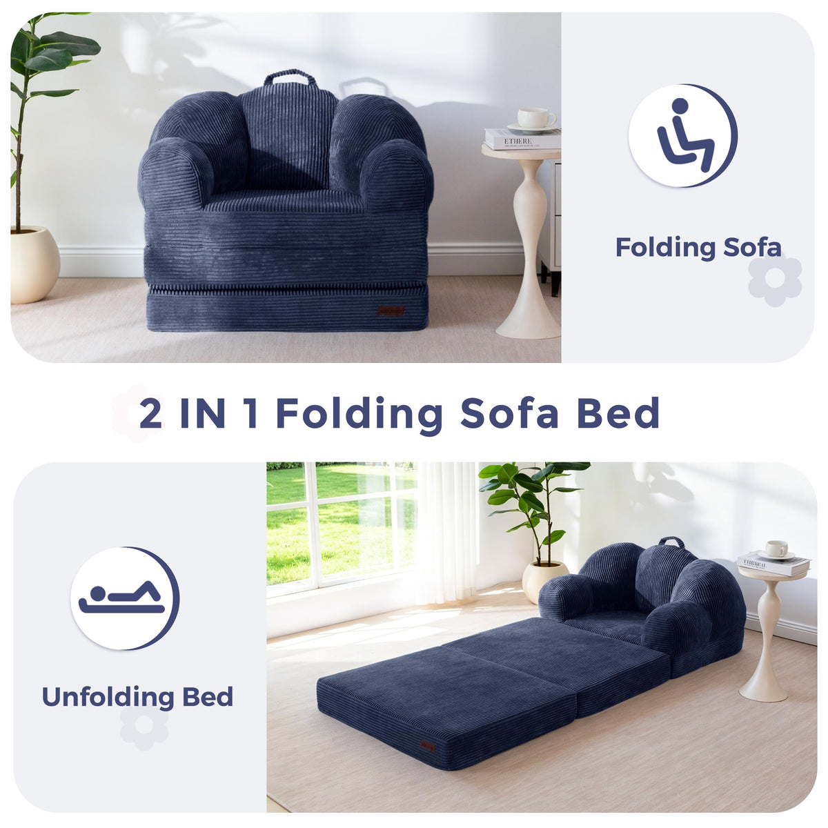 MAXYOYO Folding Sofa Bed with Backrest, Floral Shaped 2 in 1 Convertible Sofa to Comfy Faux Fur Bean Bag Chair for Adults