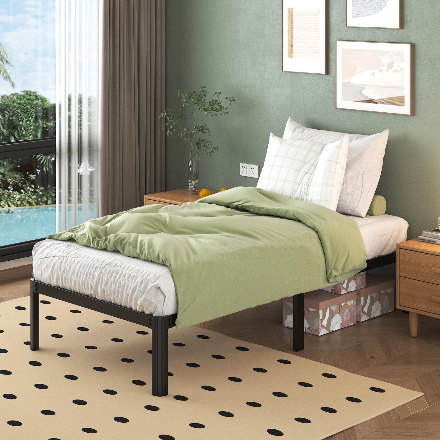 Lutown-Teen 3ft Single Bed Frames with Rounded Corner Legs, Heavy Duty Metal Bed Frame Single with Steel Slats Support, Single Bed 36 cm High, Noise