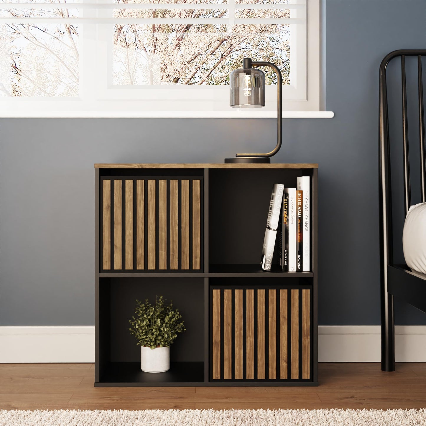 GFW Kube Cube Storage Unit with Open & Hidden Storage, Black & Walnut Effect Shelving Unit for Living Room, Bedroom or Office