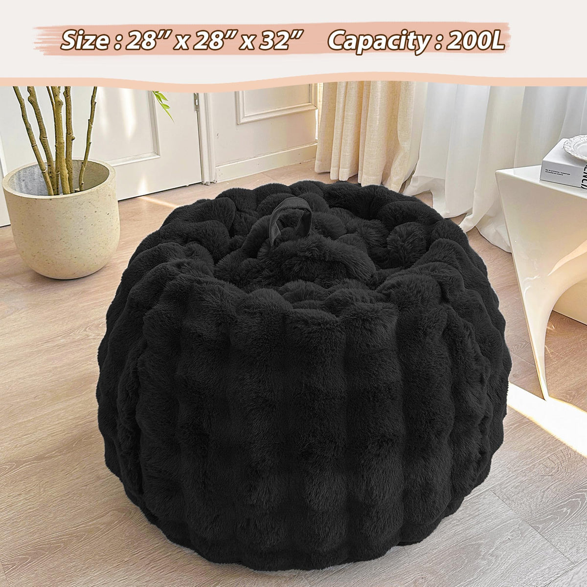 LIFEREVO Kids Fluffy Faux Rabbit Fur Bean Bag Chair Cover, No Filler, Black