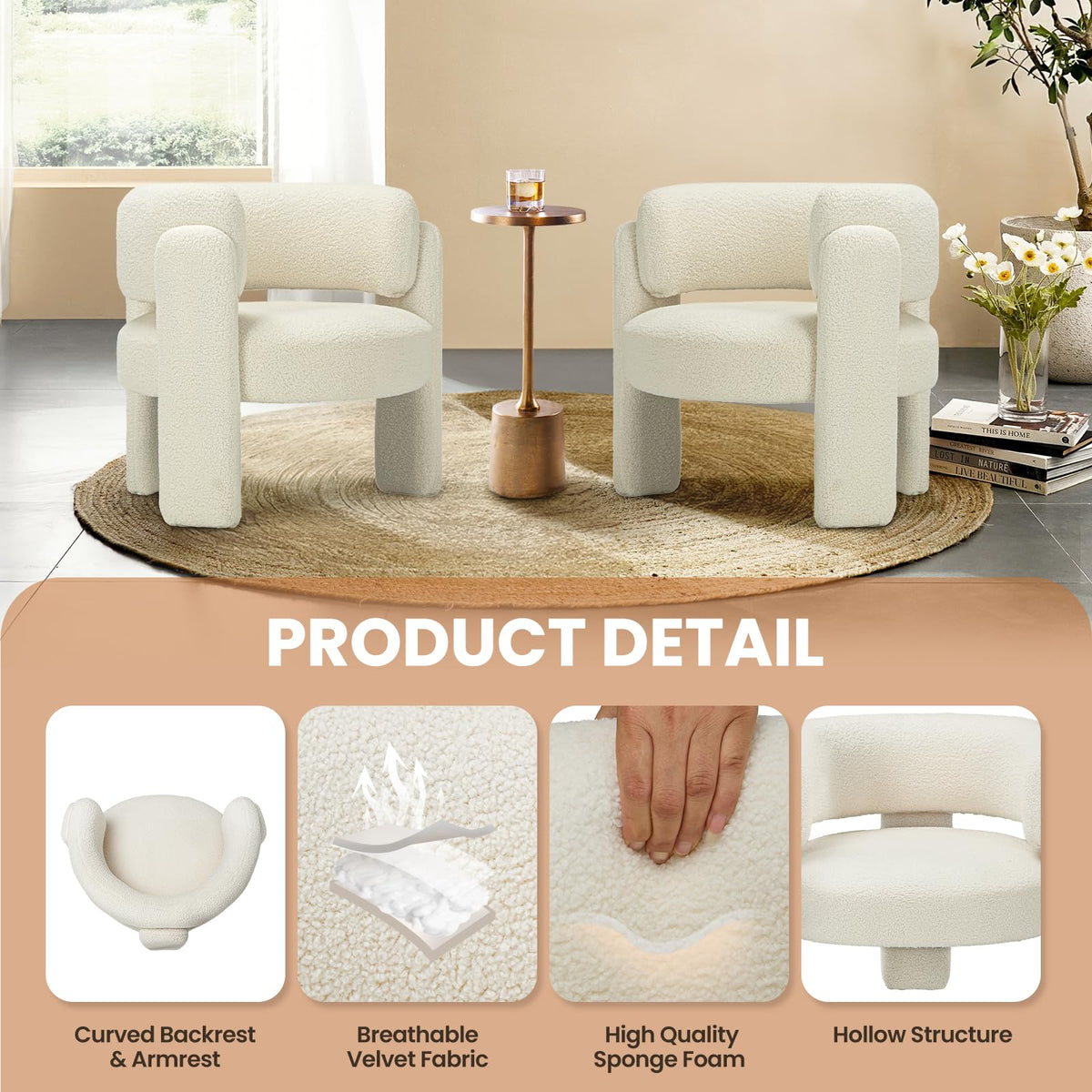 COLAMY Living Room Armchairs, Upholstered Sherpa Accent Chair, Comfy Round Arm Chair with 3 Legs