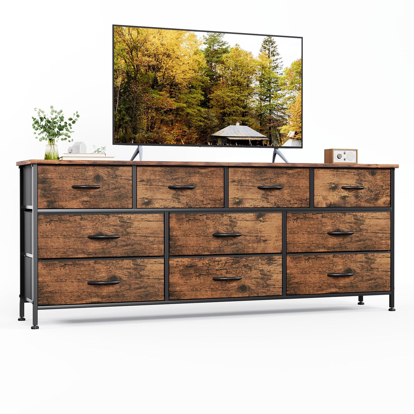 VERMESS Bedroom Dresser & Chests of Drawers with 10 Fabric Drawers, TV Stand Cabinet Unit for 65", 70" TV, Dresser Storage Organizer
