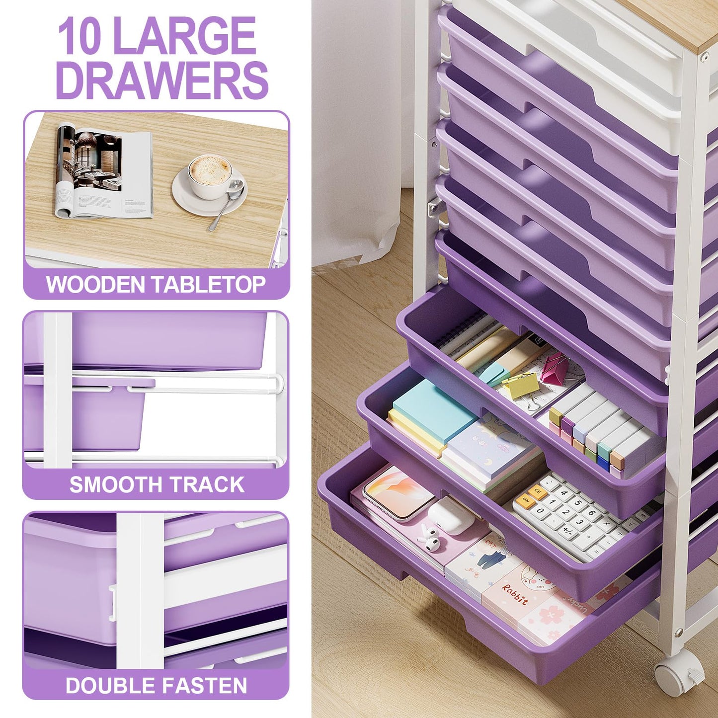 SYKIARIOL 10-Drawer Storage Trolley Rolling Cart with Wooden Top, Purple