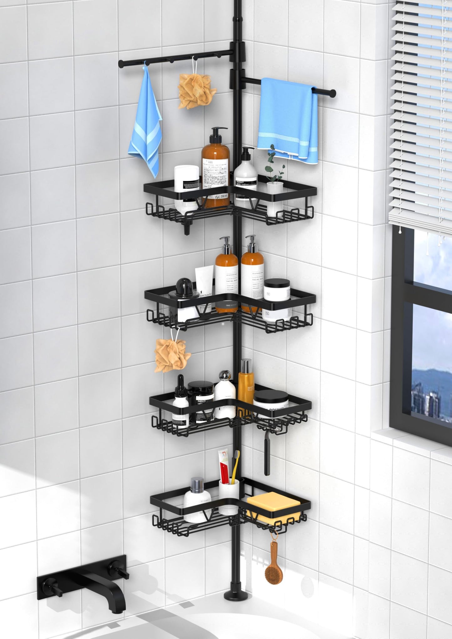 Kegii Telescopic Shower Caddy with 2 Towel Holder, Extendable Bathroom Caddy Corner Shower Organiser, Rustproof Bathtub Storage Shelves for