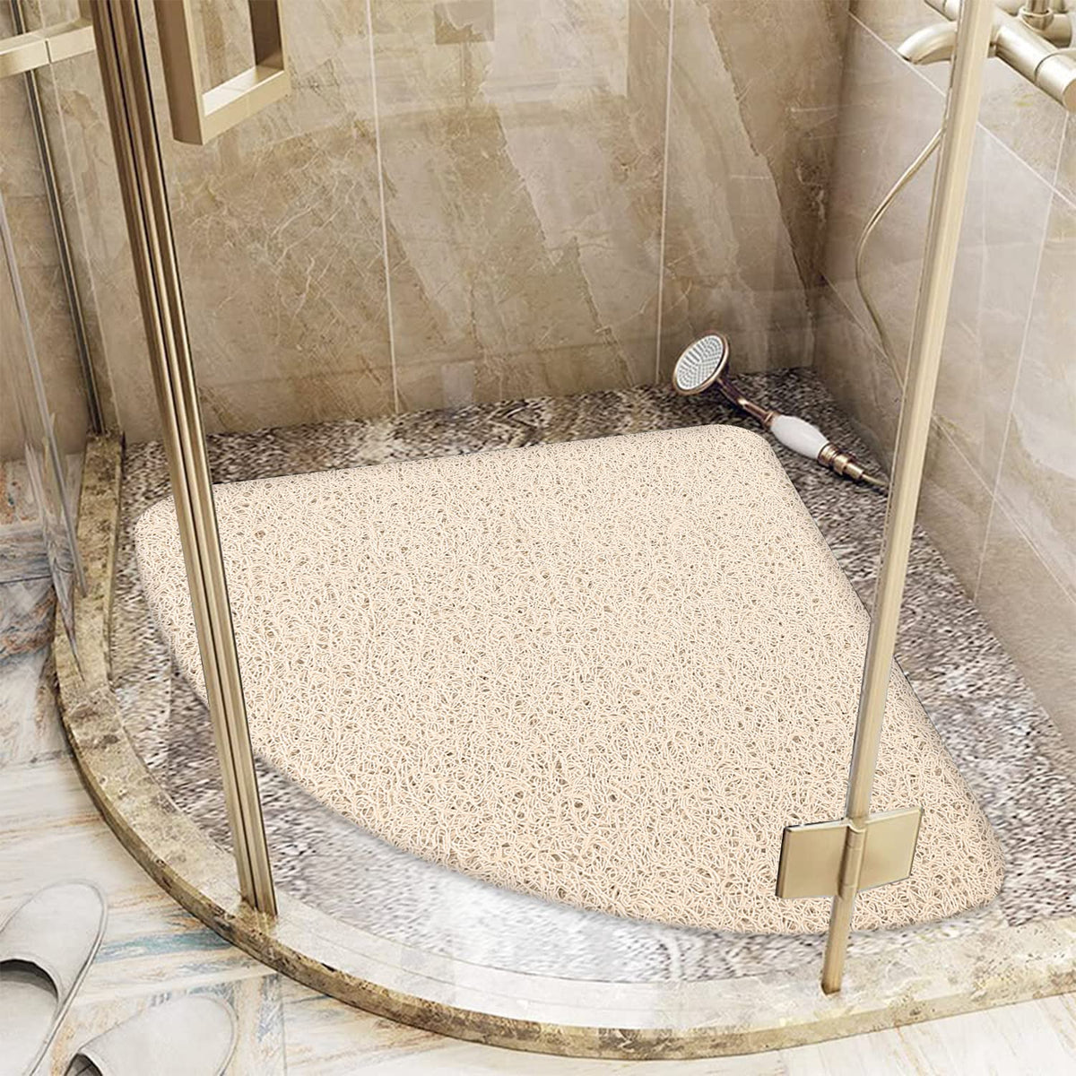 Lurowo Corner Shower Mat, Non Slip Loofah Shower Mat Anti Mould, Quadrant Bath Mat with Drain, Safety Mat for Shower 53 * 53cm (Beige)