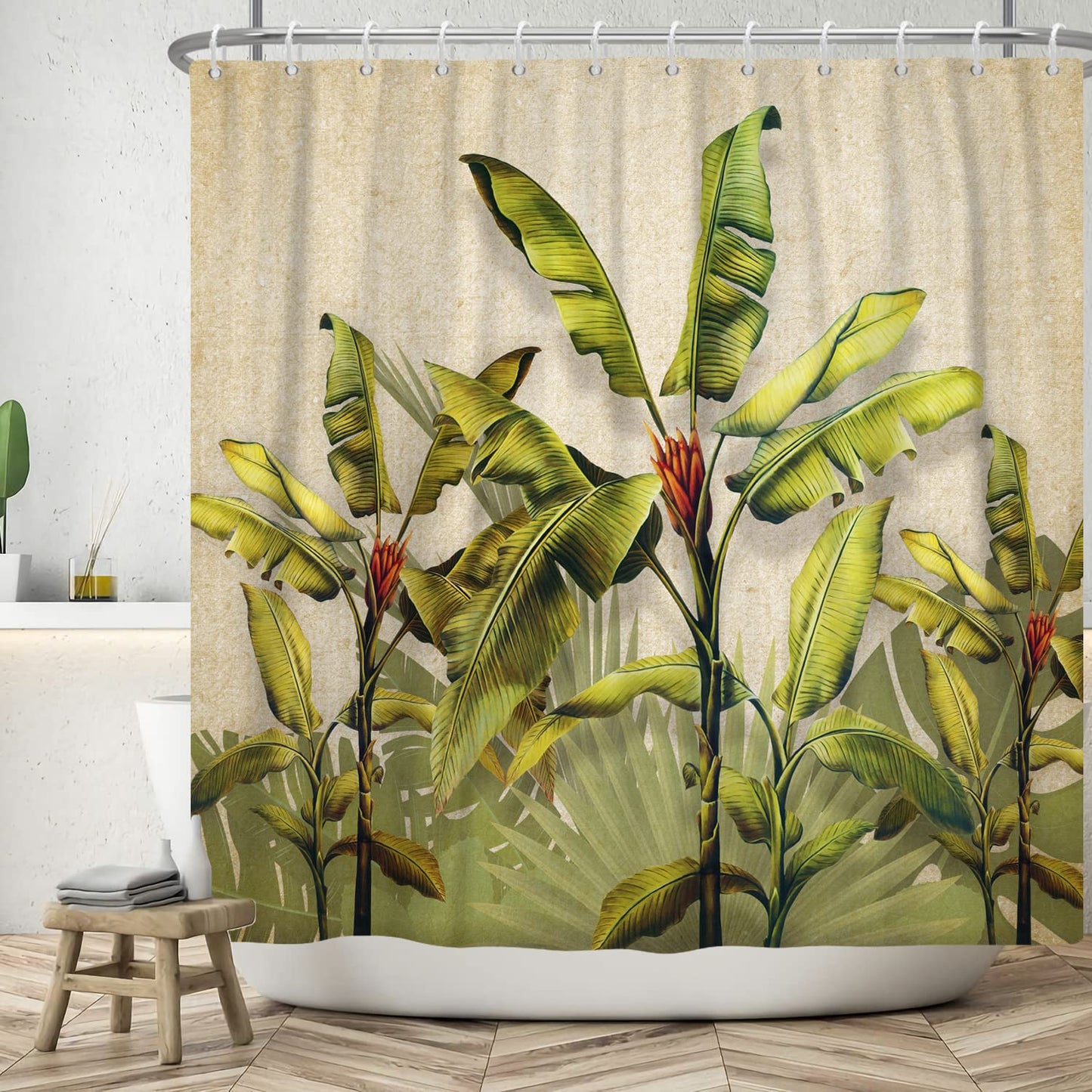 ASDCXZ Shower Curtain 180x180 cm, Vintage Tropical Green Banana and Palm Leaves Bath Curtain, Washable Polyester Textile Waterproof for Bathtub With