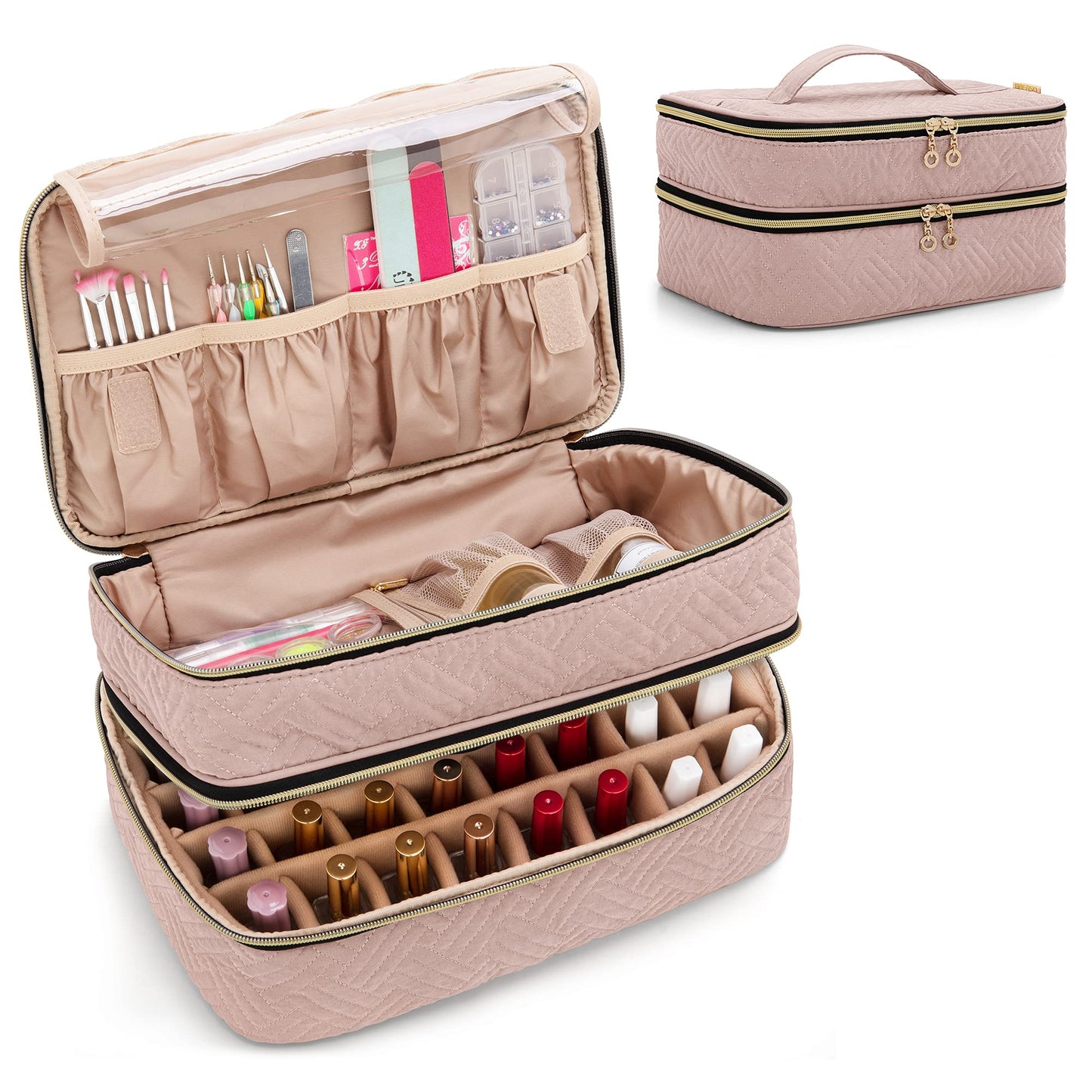 BAFASO Double Layer Nail Polish Organiser Holds 40 Bottles (15ml - 0.5 fl.oz), Nail Polish Case with Manicure Tools Storage Sections (Bag Only), Pale