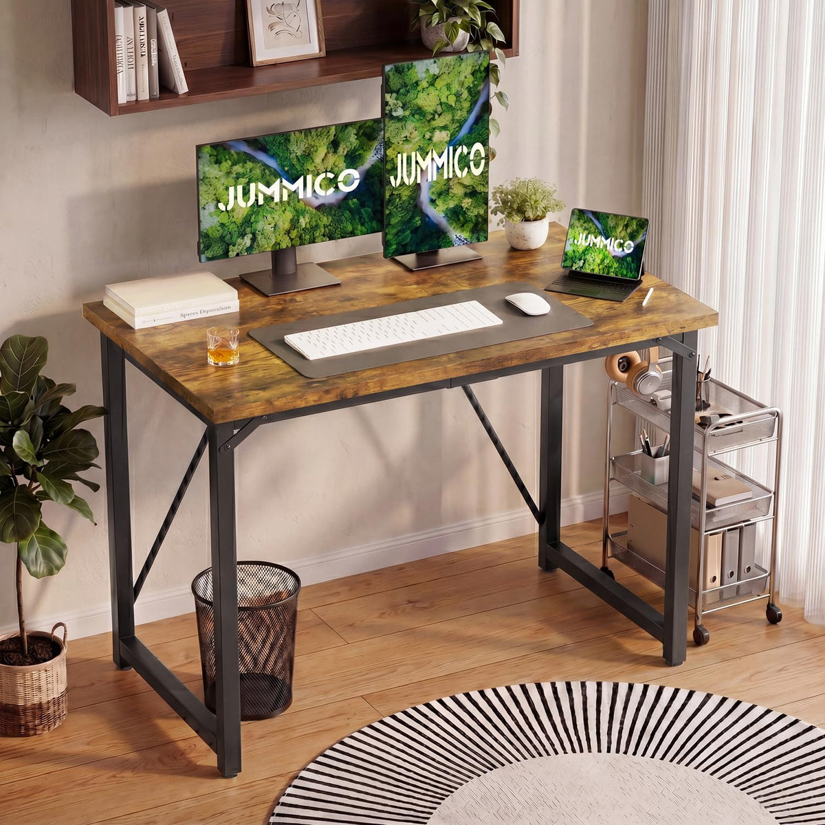 JUMMICO Computer Desk Table Workstation 120 x 50 x 75 cm for Office Living Room Bedroom Simple Assembly Industrial Design Black Desk Metal