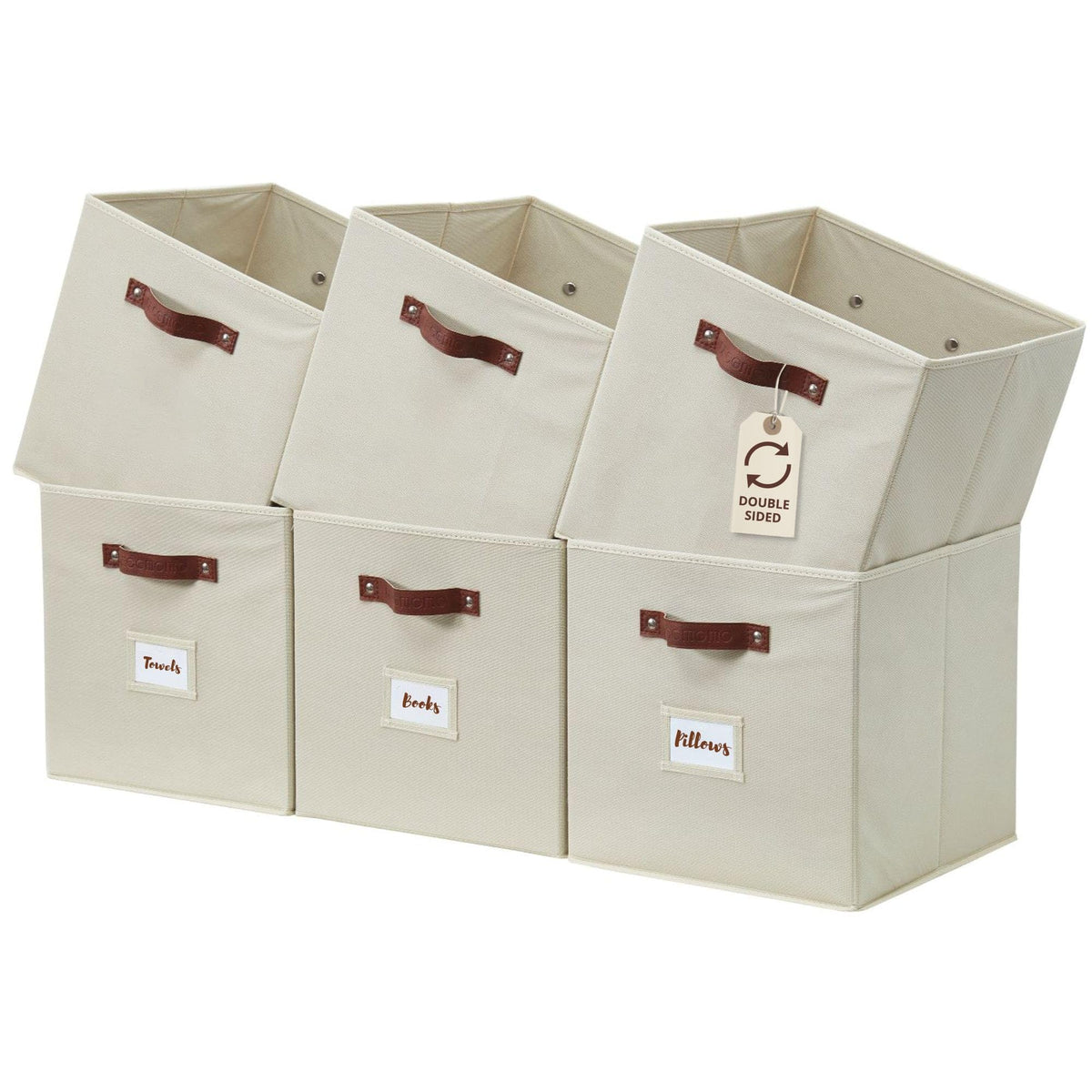 DECOMOMO Storage Bins, Cube Storage Bin with Labels, Fabric Storage Cubes for Shelves (10.5" x 11" / 6pcs, Beige)