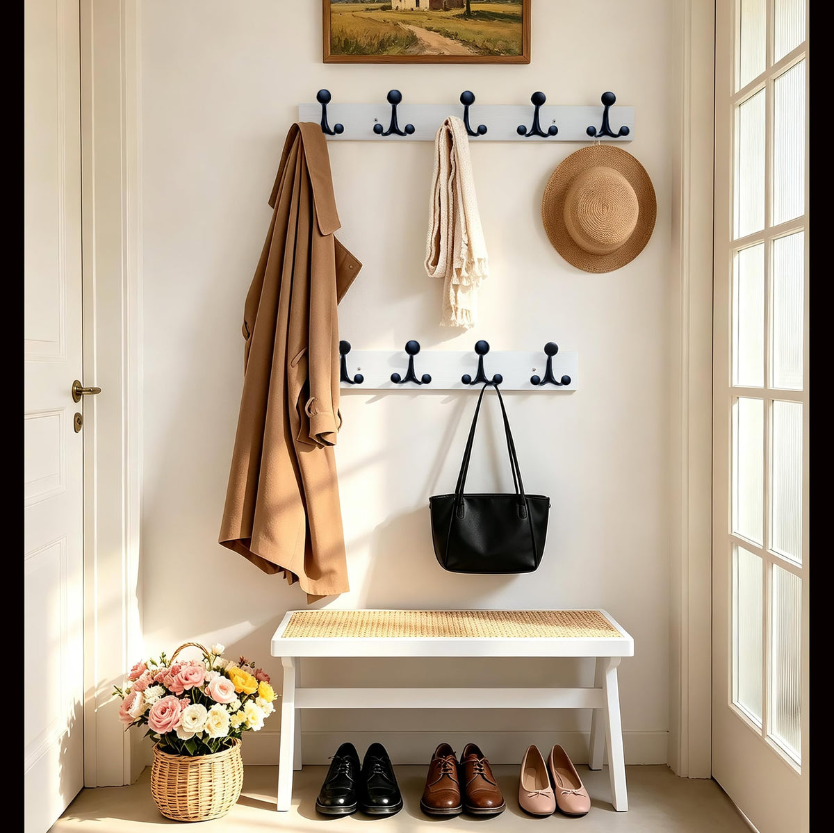 HONSKY Wall Mounted Coat Rack, 61cm White Pine Wood Base, 4 Black Sturdy Aluminium Alloy Triple Hooks(12 Hanging Points)