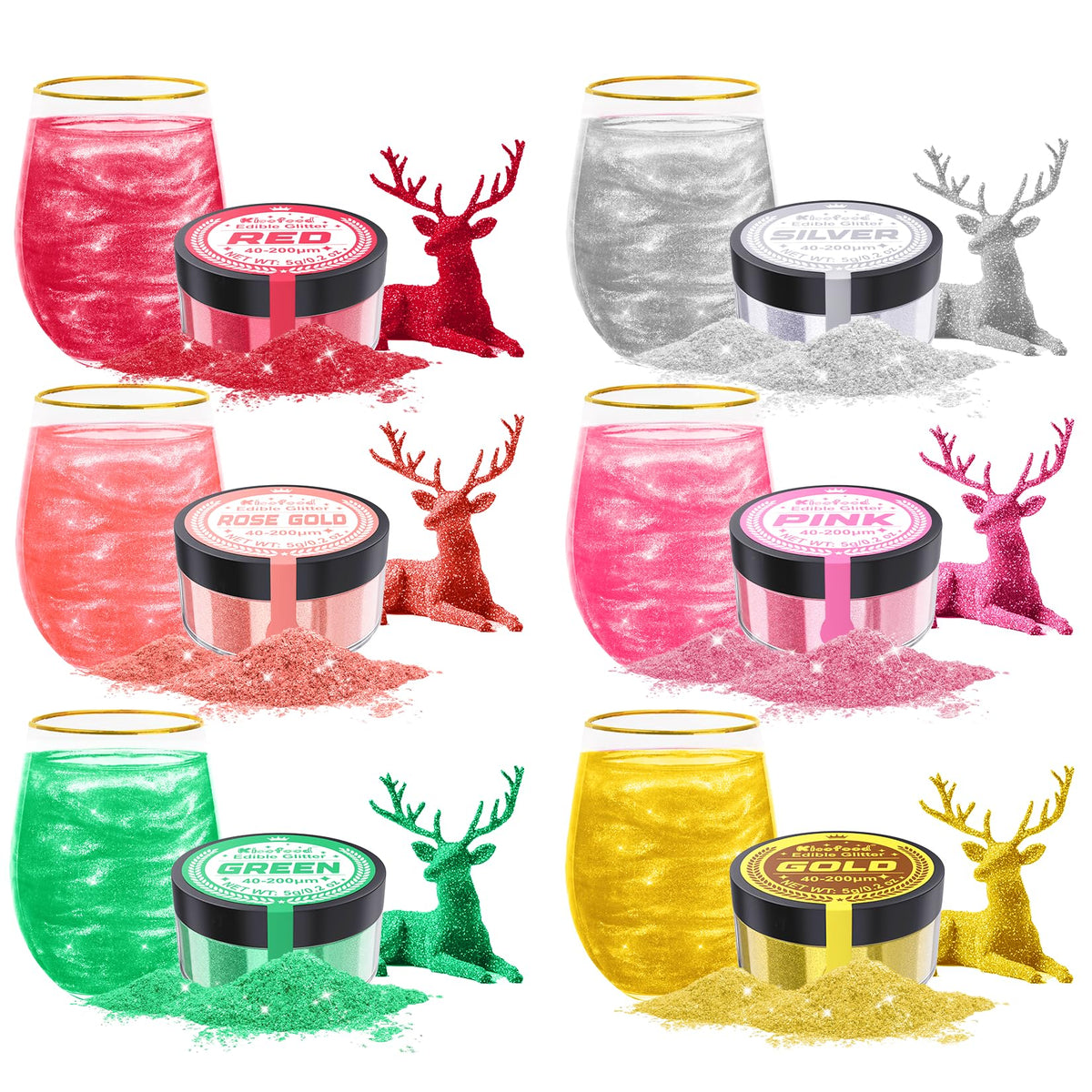 Edible Glitter - 6 Colours x 5g Edible Glitter for Drinks, Edible Cake Decorations, Food Grade Luster Dust for Cake, Icing, Fondant, Cocktail, Drinks,