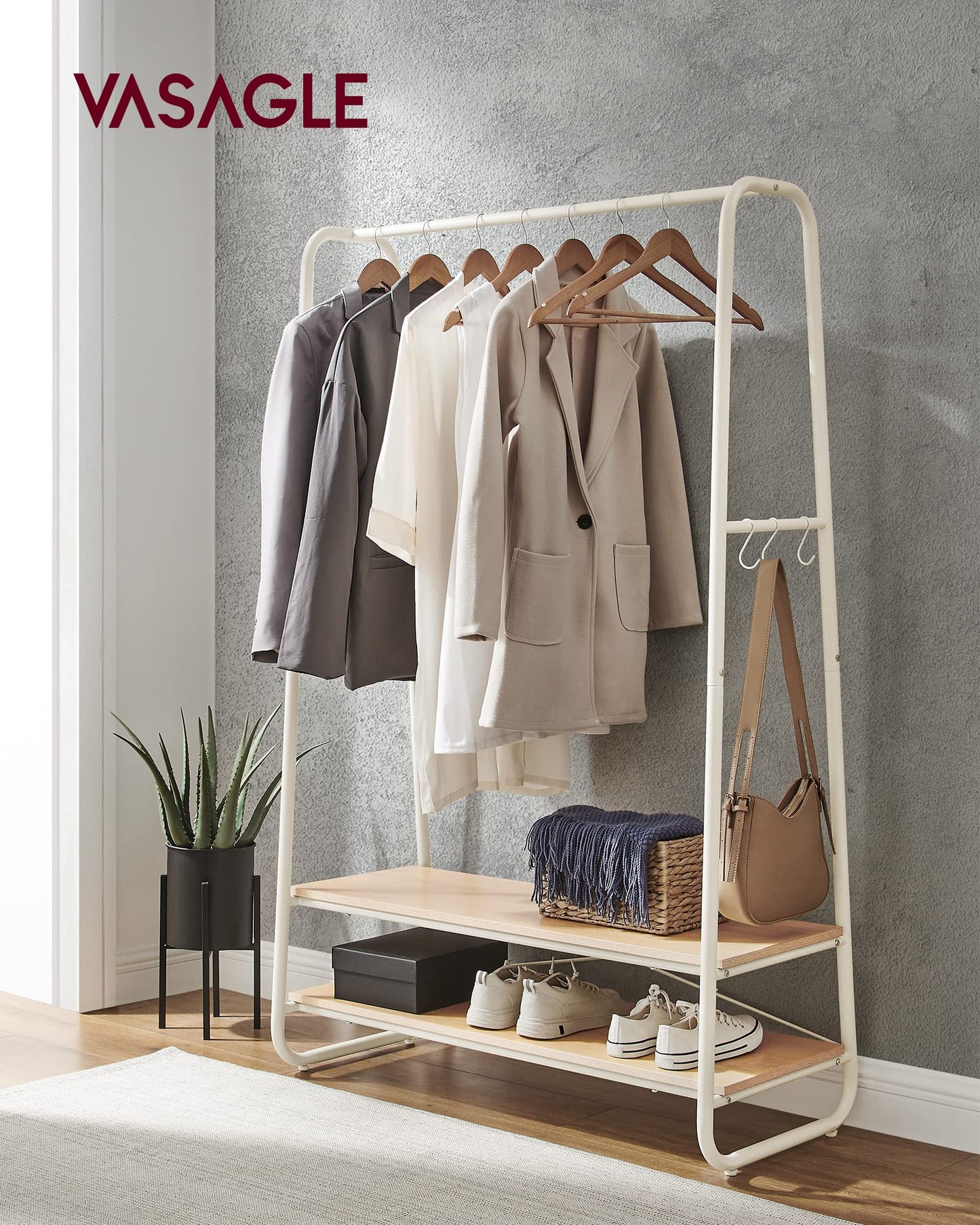 VASAGLE Clothes Rail, Clothes Rack with 2 Shelves, 6 S-Shaped Hooks, Steel Frame, for Bedroom, Oak and Cream White RGR112W09