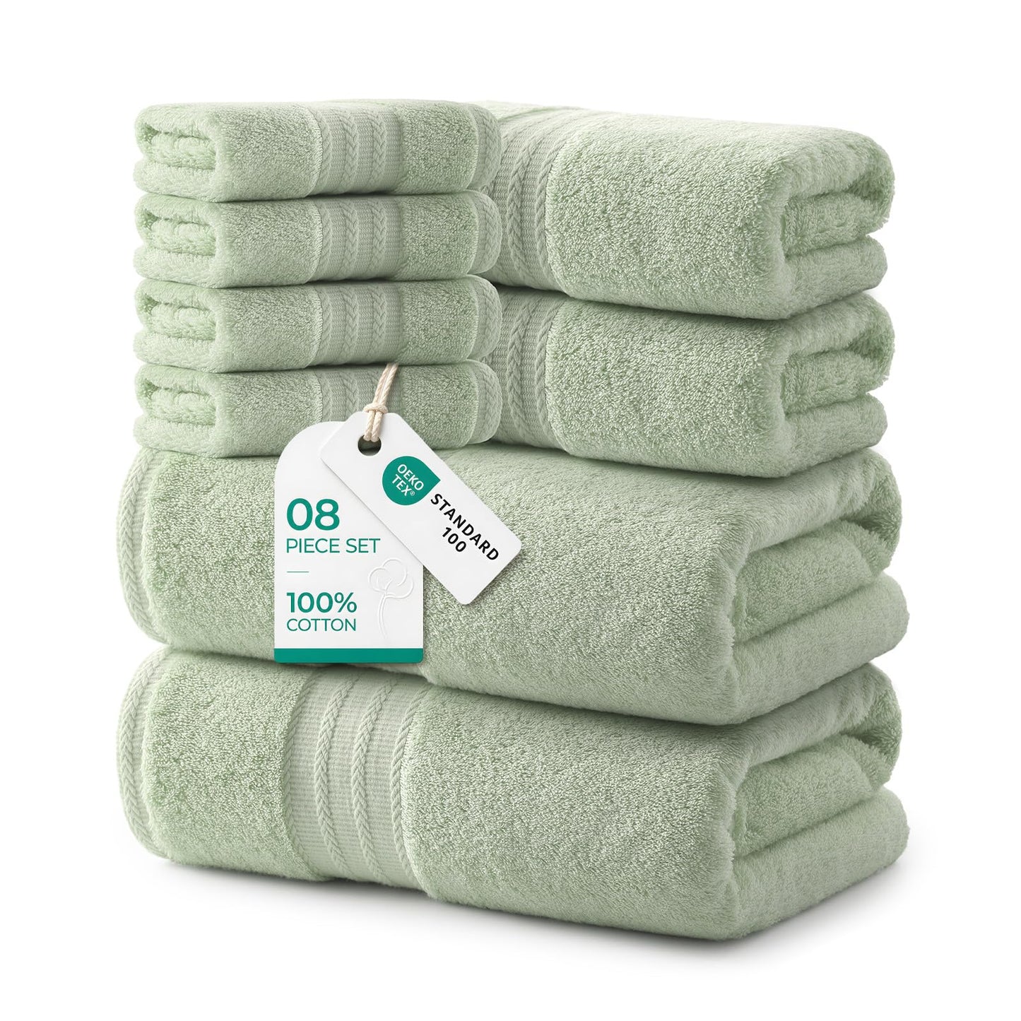 REDKISS 8 Piece Sage Green Towels Set with Hanging Loop-Quick Drying & Soft