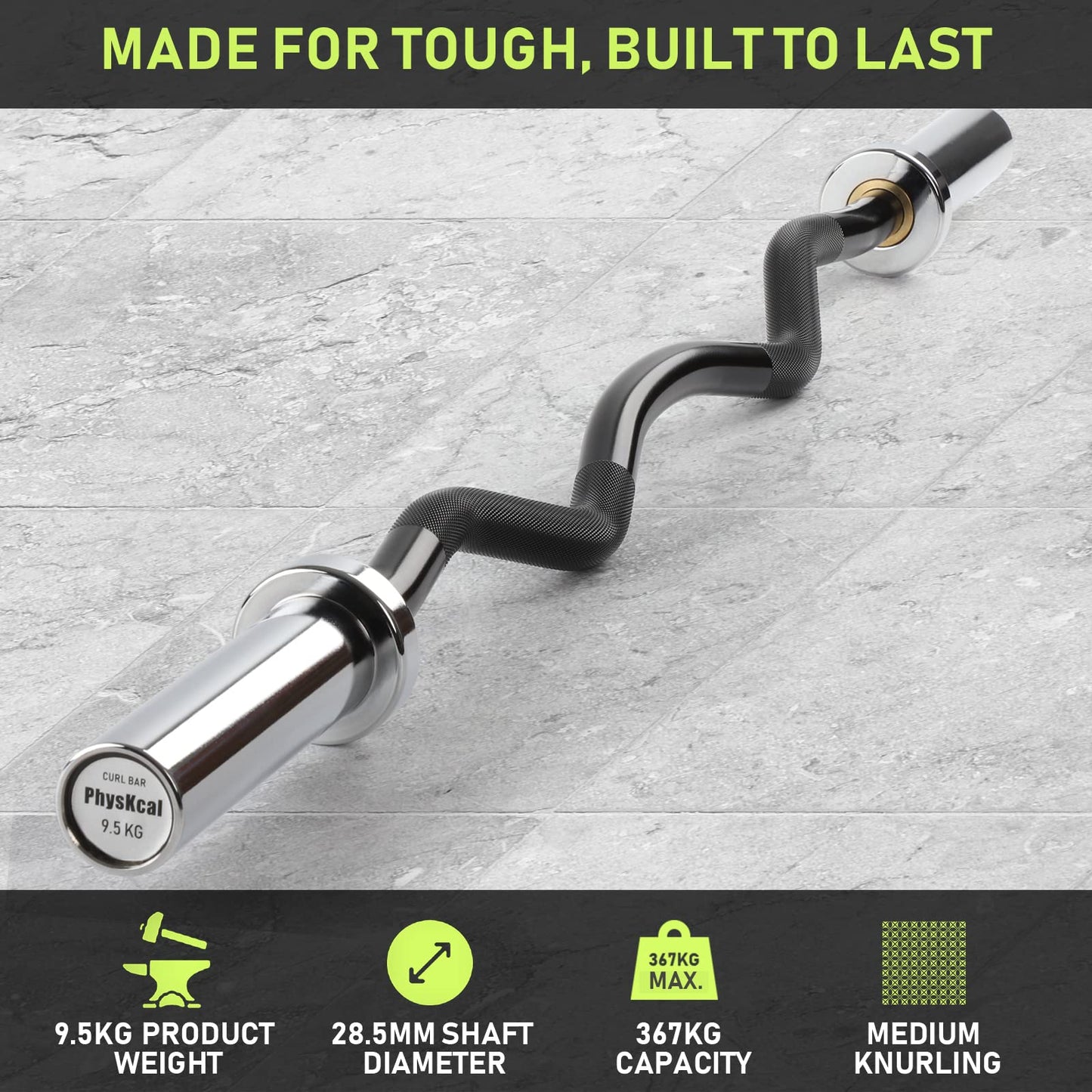PhysKcal EZ Curl Bar, 47 Inches Super EZ Weight Lifting Bar for Standard 2 Inches Weight Plates, Excellent for Gaining Biceps and Triceps, Chrome &