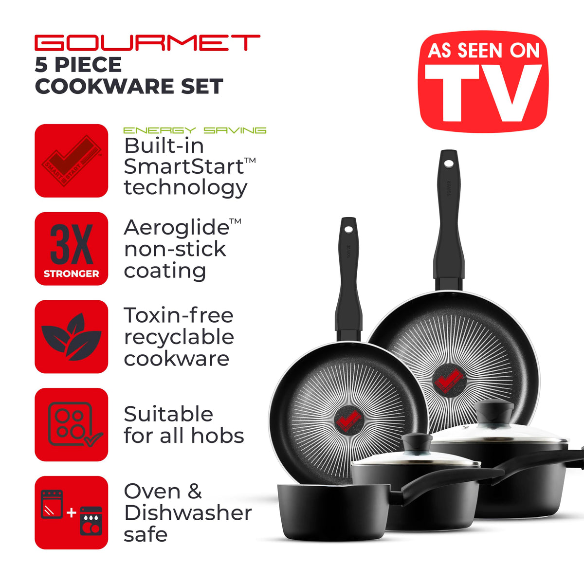 Tower T700314 SmartStart Gourmet 5 Piece Cookware Set with Easy Clean Aeroglide Non-Stick Coating, Oven Safe, Long Lasting, PFOA Free, Black