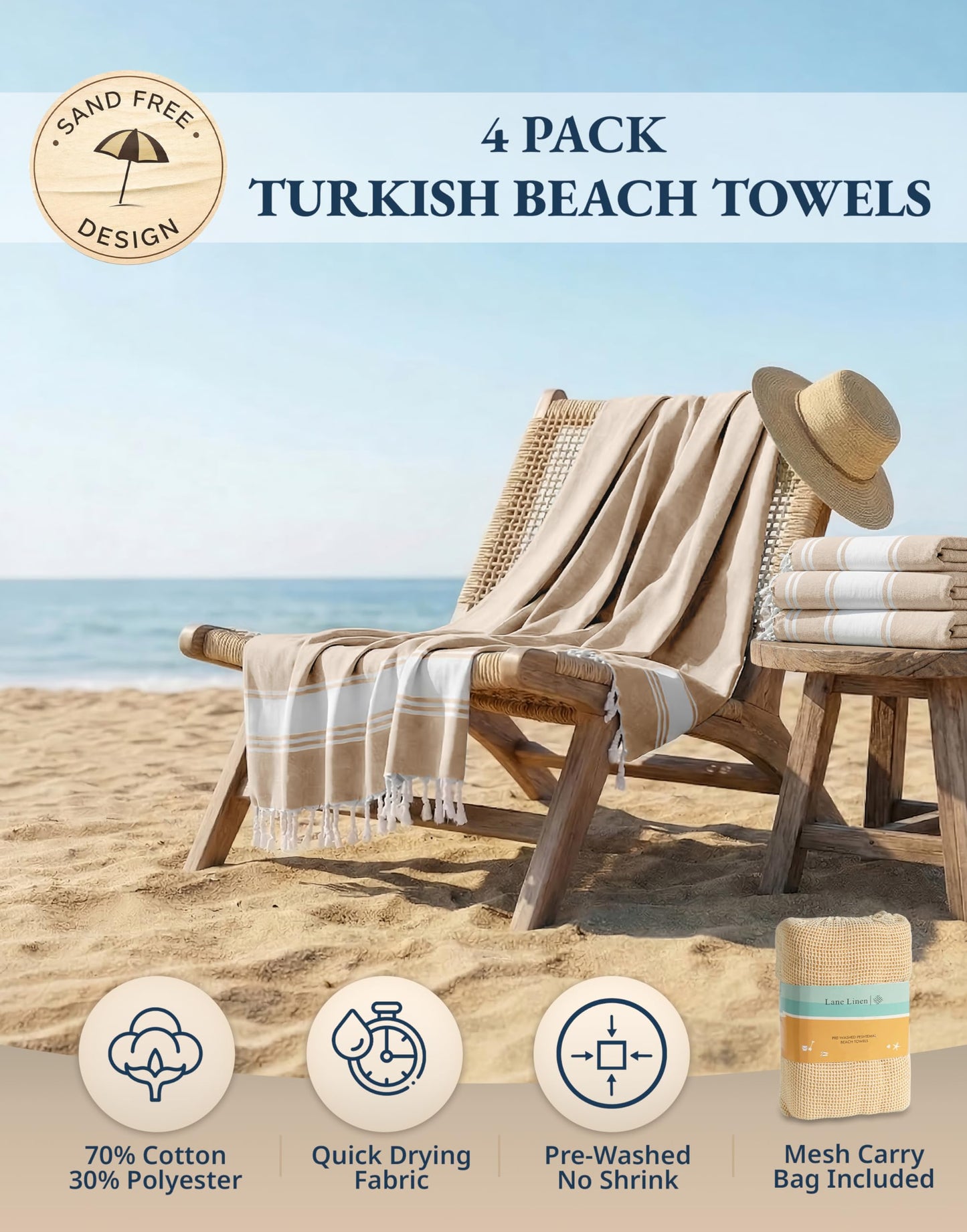 LANE LINEN Oversized Beach Towels – 4 Pack, 39"x71" Cotton Rich & Quick Dry Travel Towels for Adults, Lightweight & Pre-Washed for Soft Feel, Beige