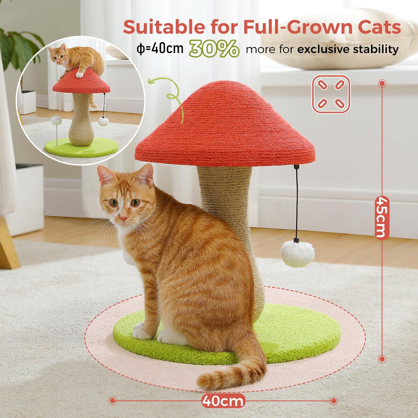 PAWZ Road Cute Cat Scratching Post, Mushroom Cat Scratcher with 100% Sisal Covered Scratching Post & Pompoms Cat Toy, Mushroom Cat Post for Indoor