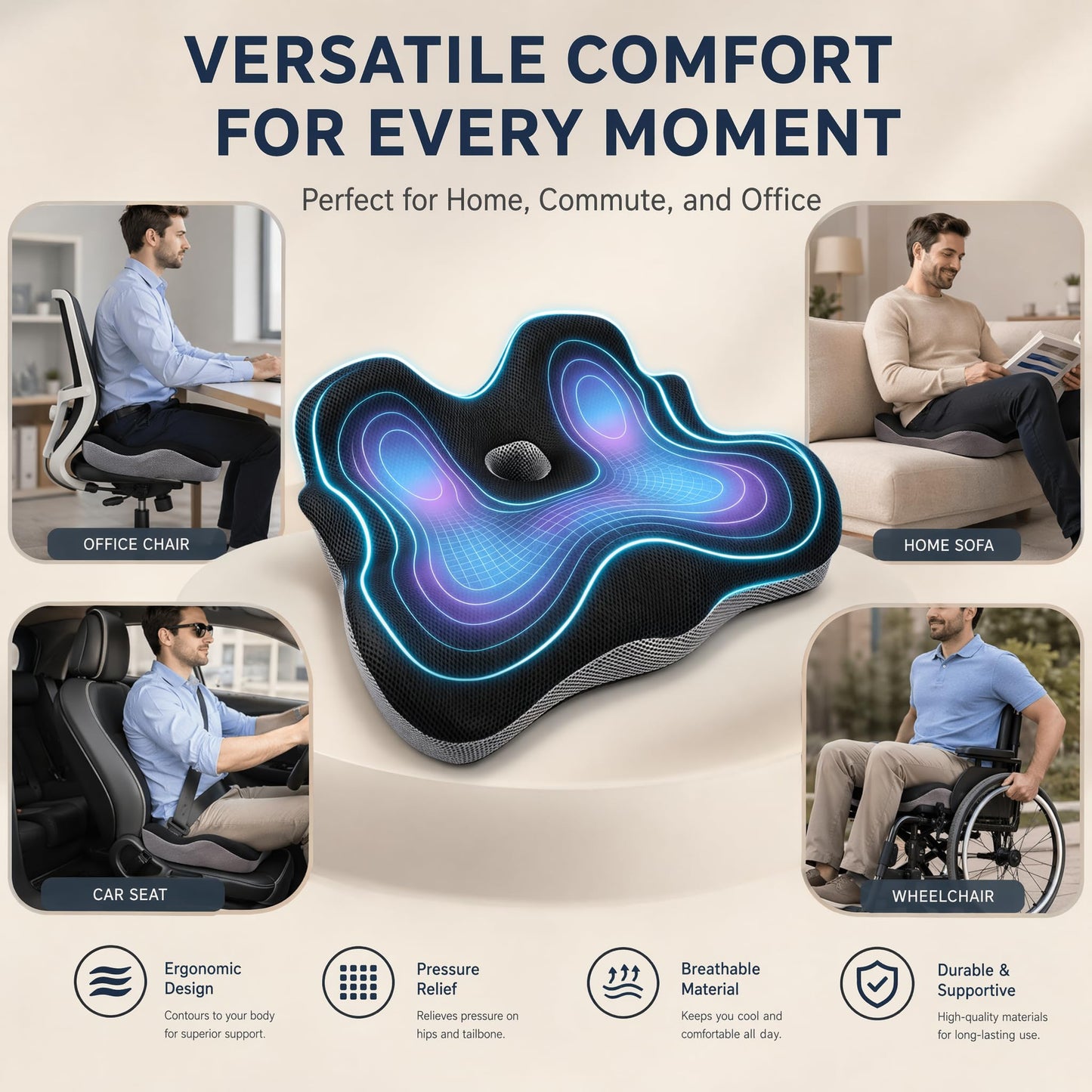 Seat Cushions Extra Large Ergonomic Memory Foam Pad for Office & Car Chairs