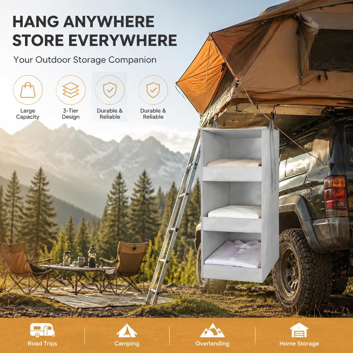 Admygo 3 Shelf Hanging Wardrobe Organiser, Foldable Hanging Storage Shelves for Wardrobe, Clothes Organiser with Metal Hooks