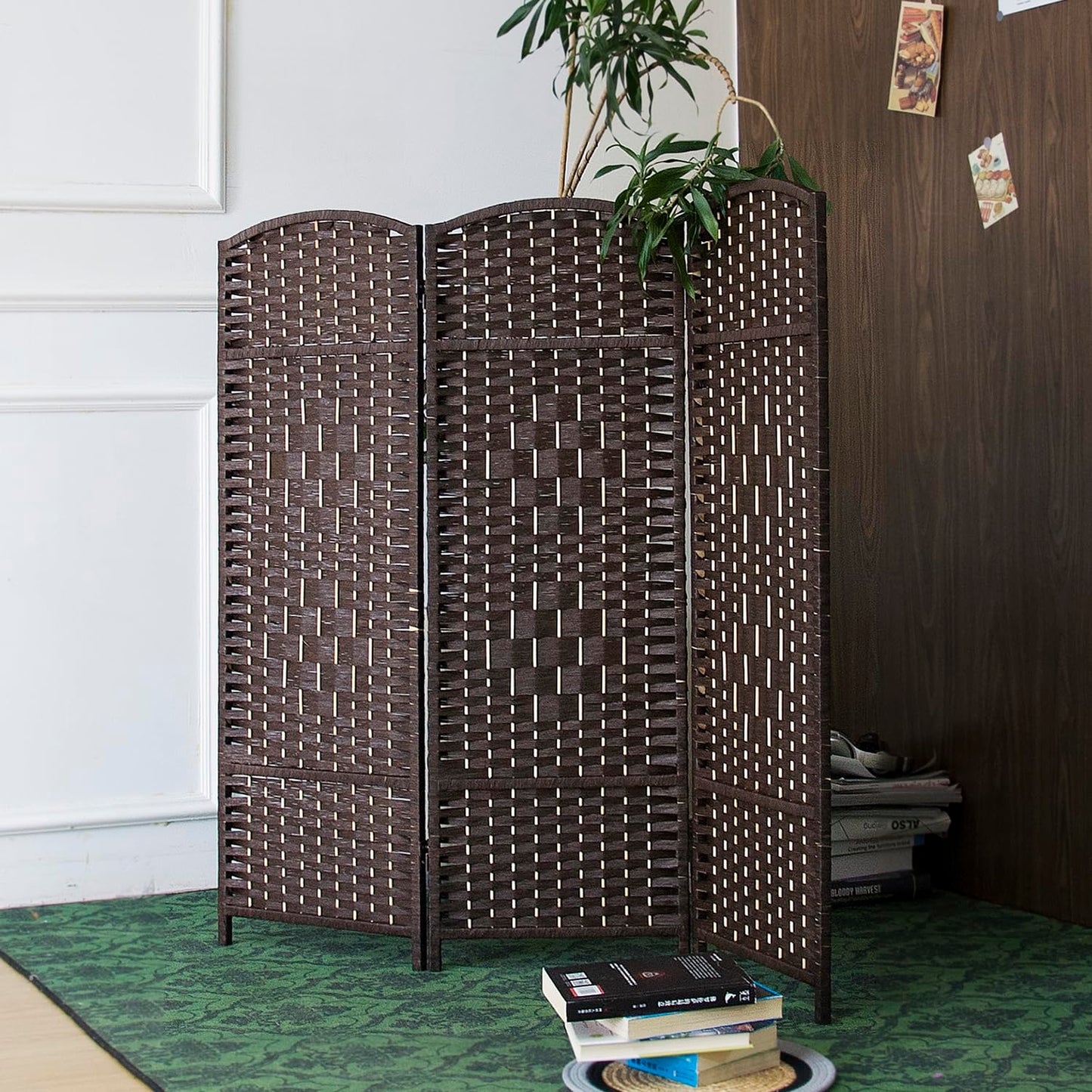 Furnnylane 3 Panel Dark Brown Rattan Divider Short Room Partition Screen,Double Sided Short Folding Divider for Room Separation,120 cm Tall