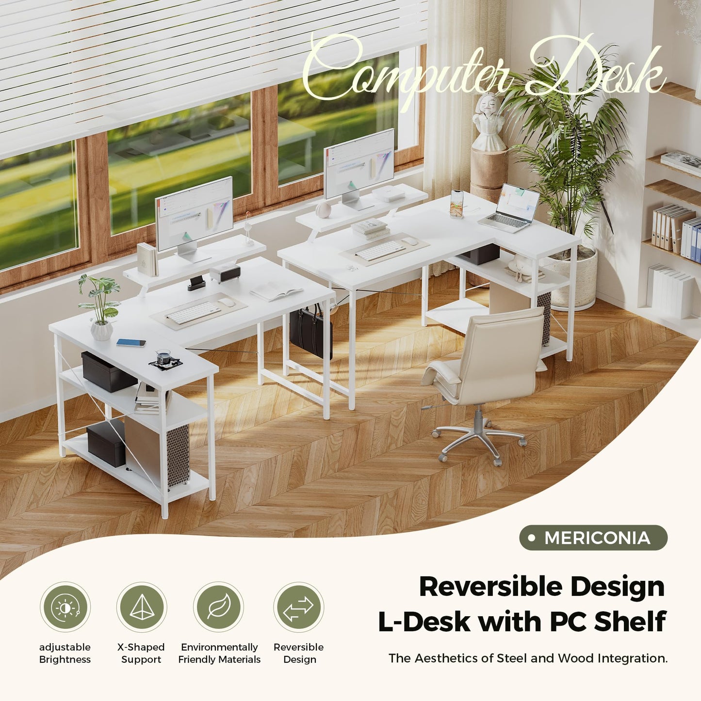 Mericonia Reversible Corner Desk, w. Led & Power Outlets, 140x70cm, White