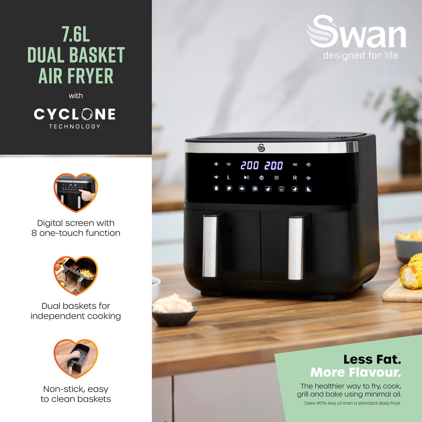 Swan SD10518BLK Dual Basket Digital Air Fryer with Swan Cyclone Technology, 8 Pre-Set Cooking Options, Adjustable Temperature, 7.6L, 2850W, Black