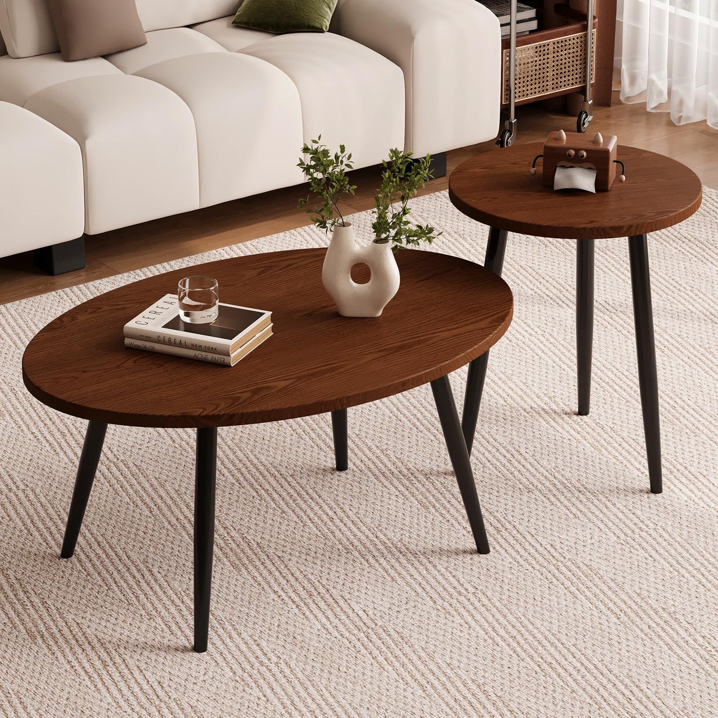 Vanpoo 2 Pcs Oval Coffee Table,Retro Walnut Coffee Tables Nesting Tables Set,Easy Assembly Mid Century Modern Coffee Tables for Living Room