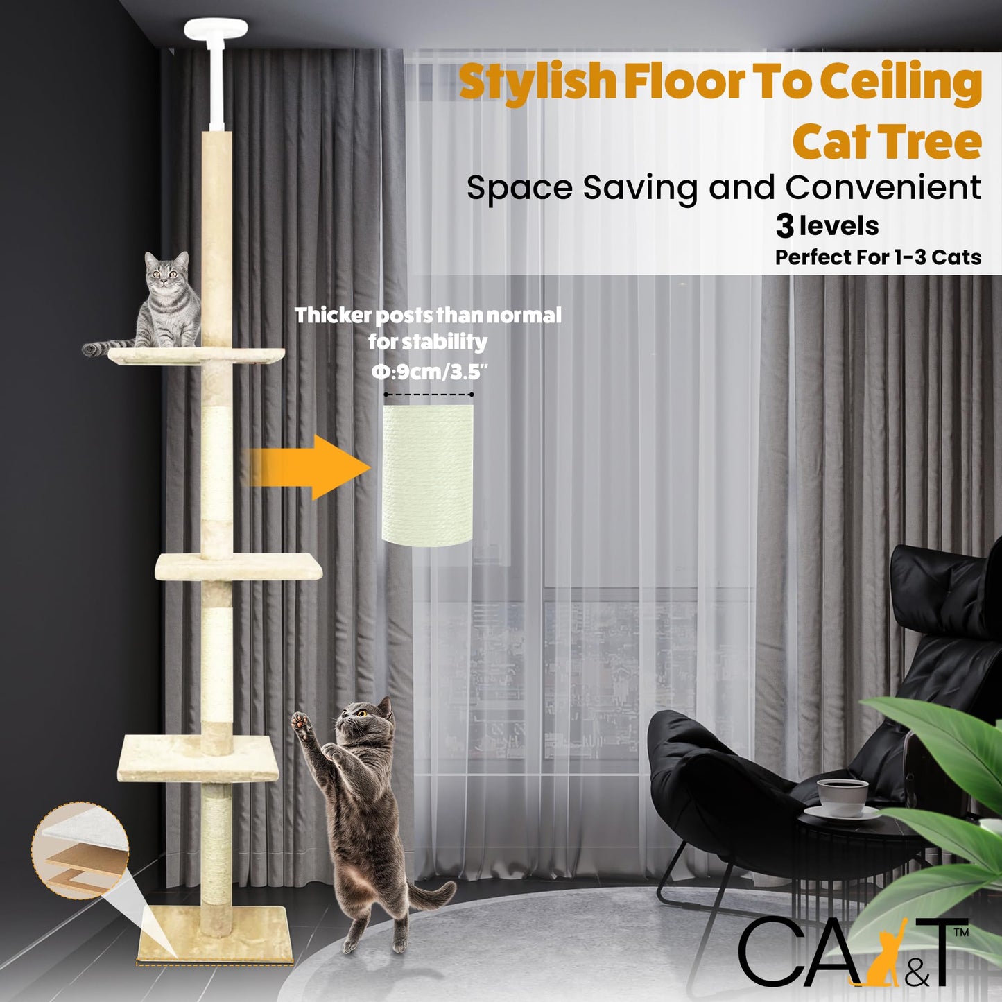 CA&T Luxury Floor to Ceiling Cat Tree | Height Adjustable Cat Climbing Tower with Scratch Post | Cat Towers for Indoor Cats with Multiple Levels &