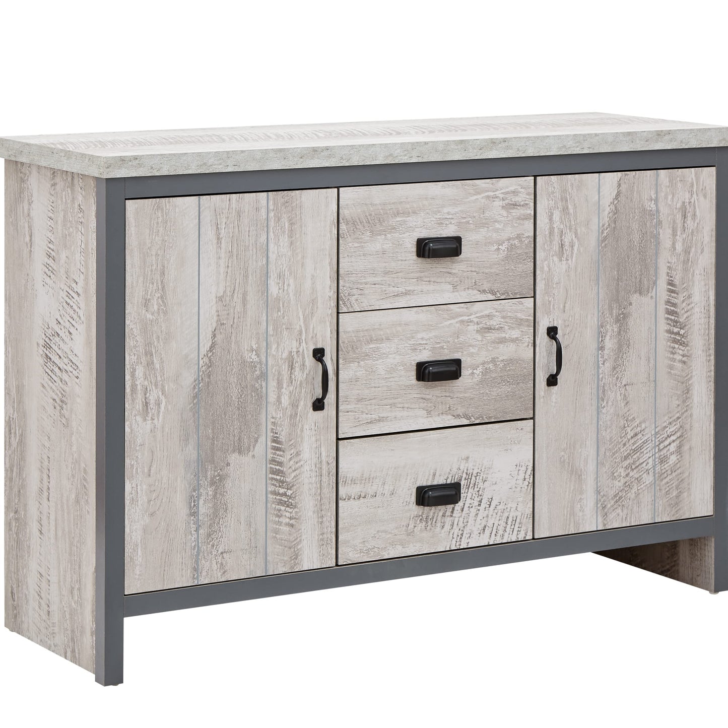 GFW Boston Sideboard Unit With 3 Storage Drawers & 2 Door Storage Cabinets & Adjustable shelves, Contemporary Grey Wooden Oak Sideboards For Living