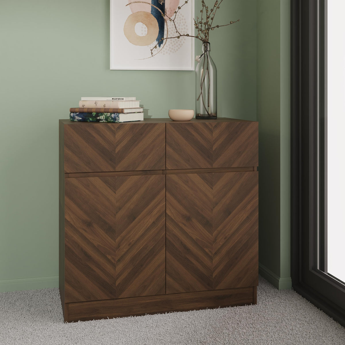 GFW Catania Narrow Compact Sideboard Cabinet Unit With 2 Storage Drawers & 2 Storage Cupboards, Walnut Furniture For Living Room, Dining Room, Hallway